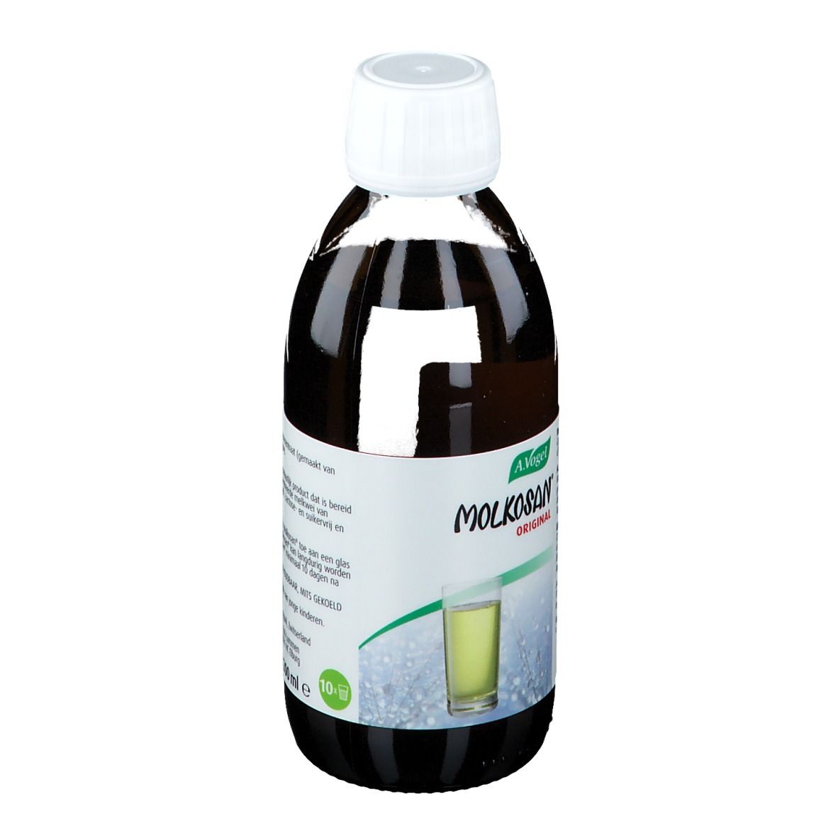 Bottiglia A. Vogel Molkosan Original. Liquido marrone, tappo bianco. Etichetta con informazioni prodotto.