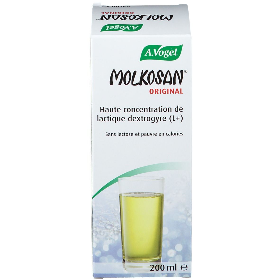Confezione A. Vogel Molkosan Original. Scatola bianca con nome prodotto e immagine bicchiere. 200 ml.