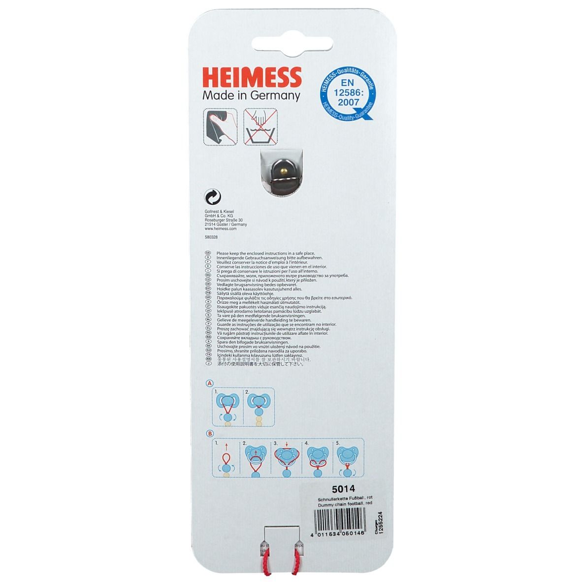 Retro della confezione della catena portaciuccio. Informazioni, pittogrammi e certificazione EN 12586:2007.