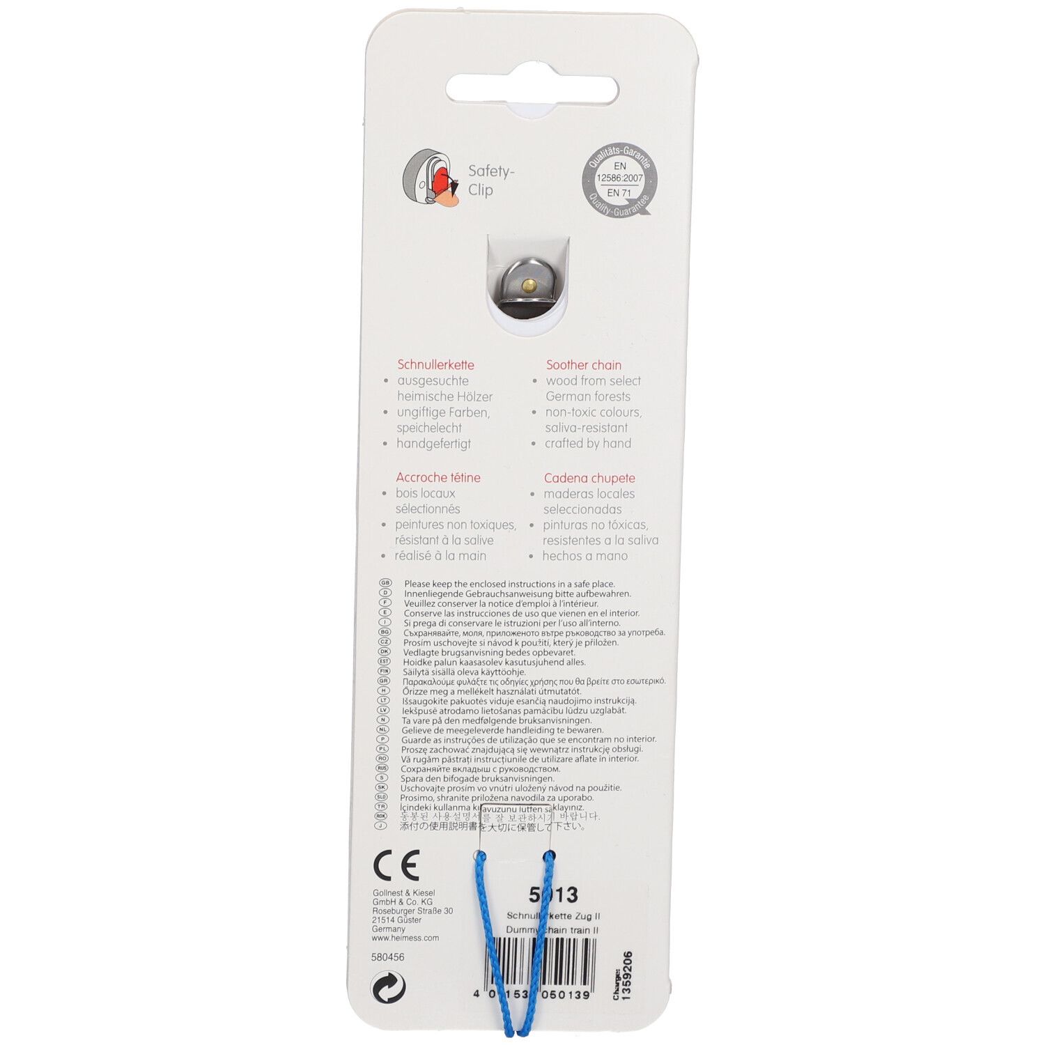 Retro della catena portaciuccio HEIMESS. Con clip di sicurezza. Testo in tedesco, inglese, francese, italiano. Marchio CE.