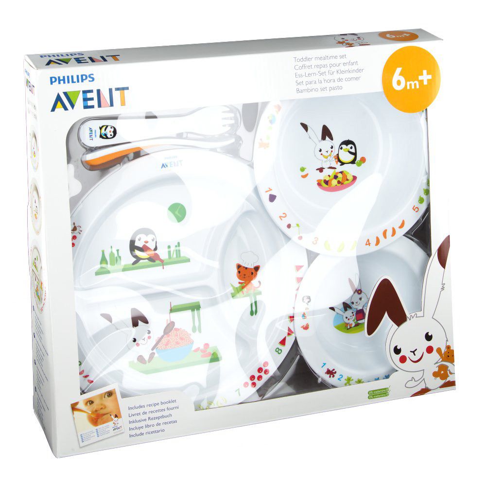 Set pappa in scatola. Piatti, ciotole, cucchiaio e forchetta. Motivi animali e coniglietto. 6+ mesi.