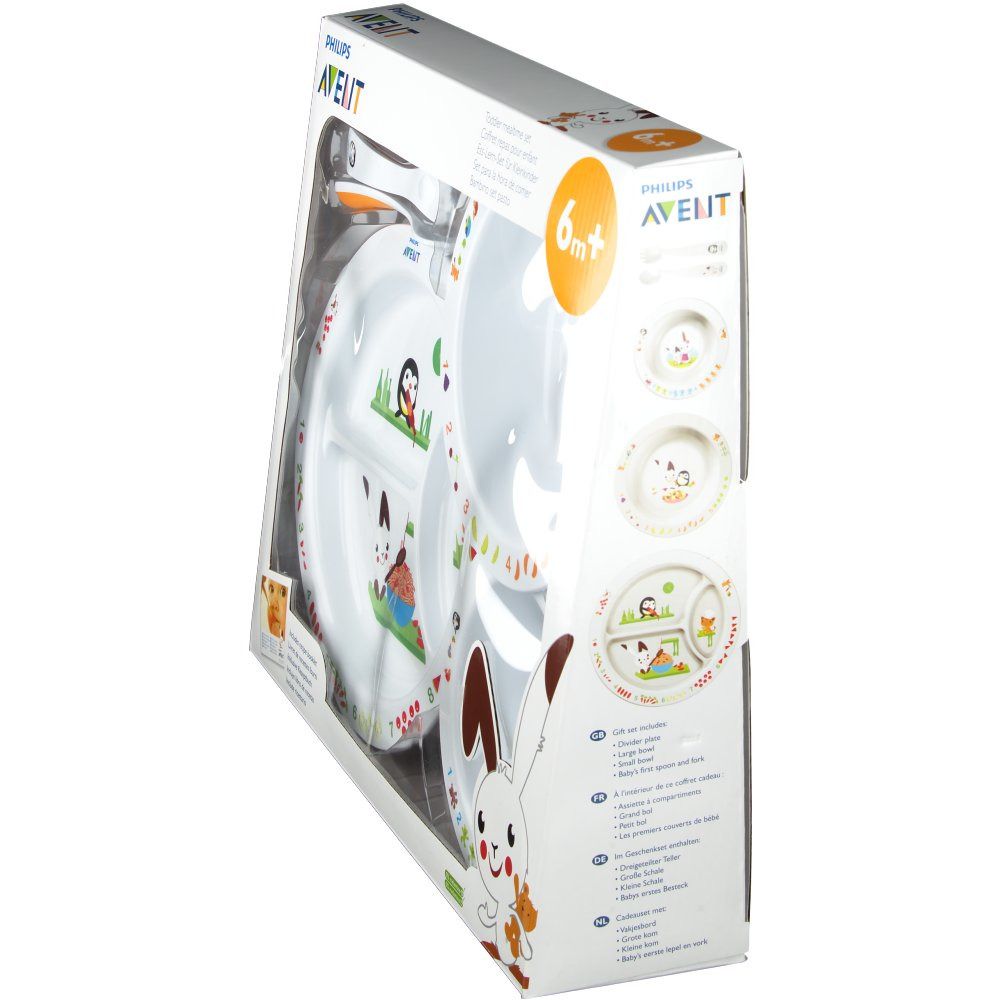 Set pappa in scatola. Vista laterale della confezione. Piatti, ciotole, cucchiaio e forchetta.