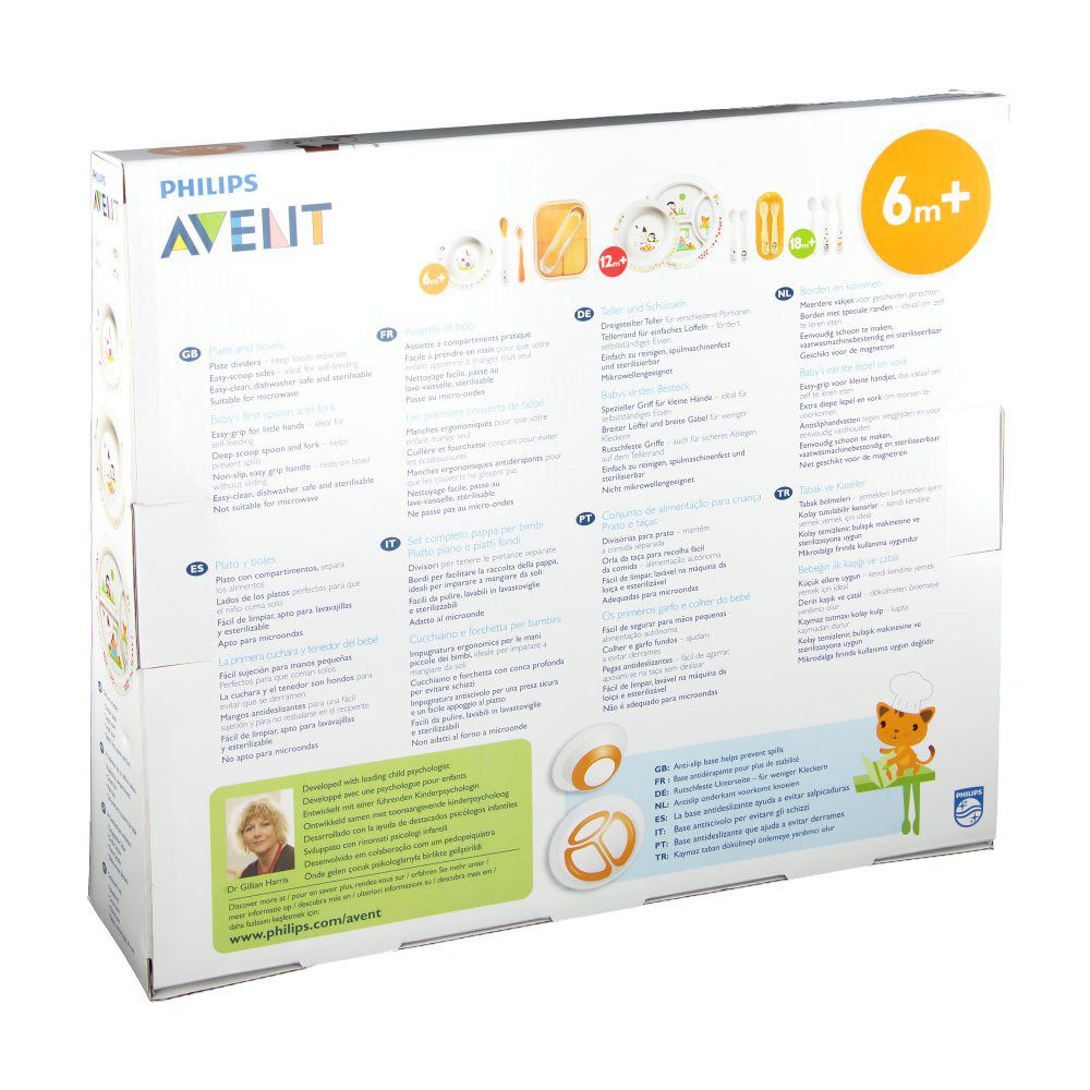 Retro della confezione del set pappa. Testo multilingue. Con illustrazioni dei prodotti.