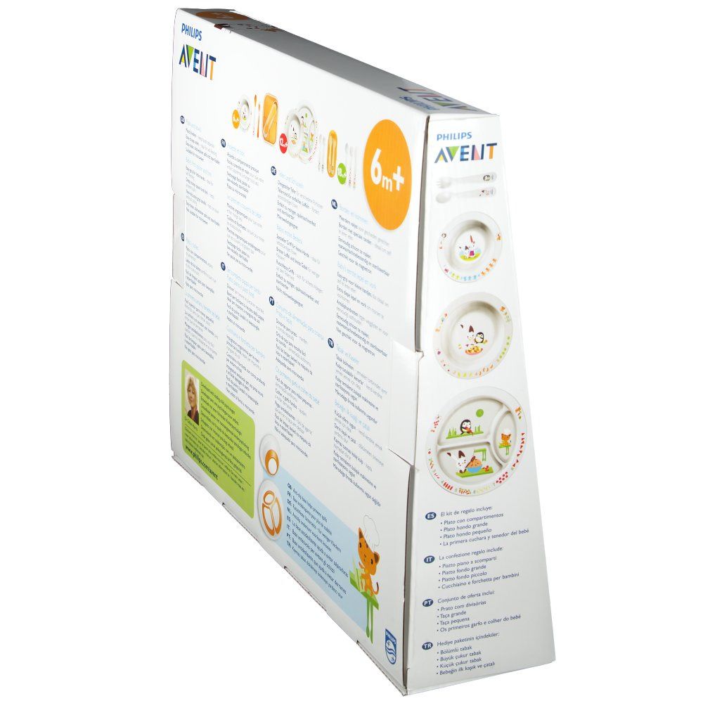 Vista laterale della confezione del set pappa. Testo multilingue. Con illustrazioni dei prodotti.