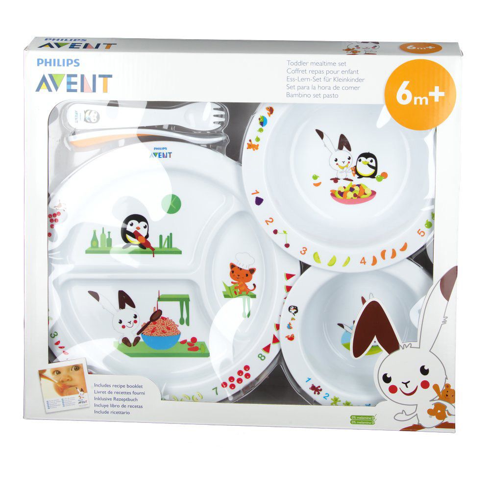 Set pappa in scatola. Piatti, ciotole, cucchiaio e forchetta. Motivi animali e coniglietto. 6+ mesi.