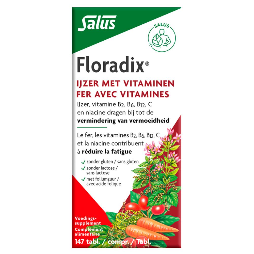 Confezione di Floradix® Eisentabletten. Scatola rossa con nome del prodotto e illustrazioni di verdure ed erbe.