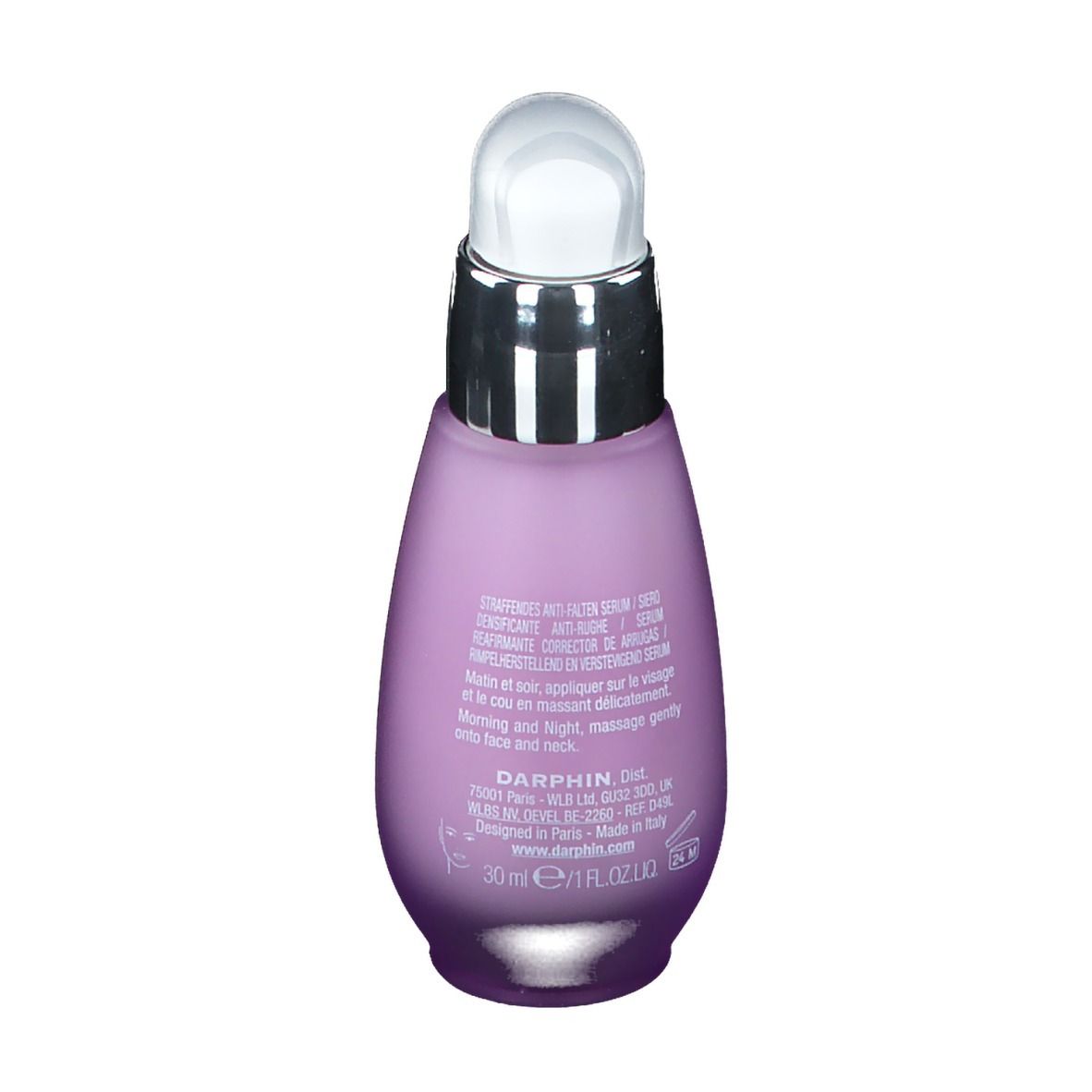 Retro del flacone di siero. Testo: siero antirughe, ingredienti, istruzioni per l'uso. Scritta: DARPHIN, 30 ml.