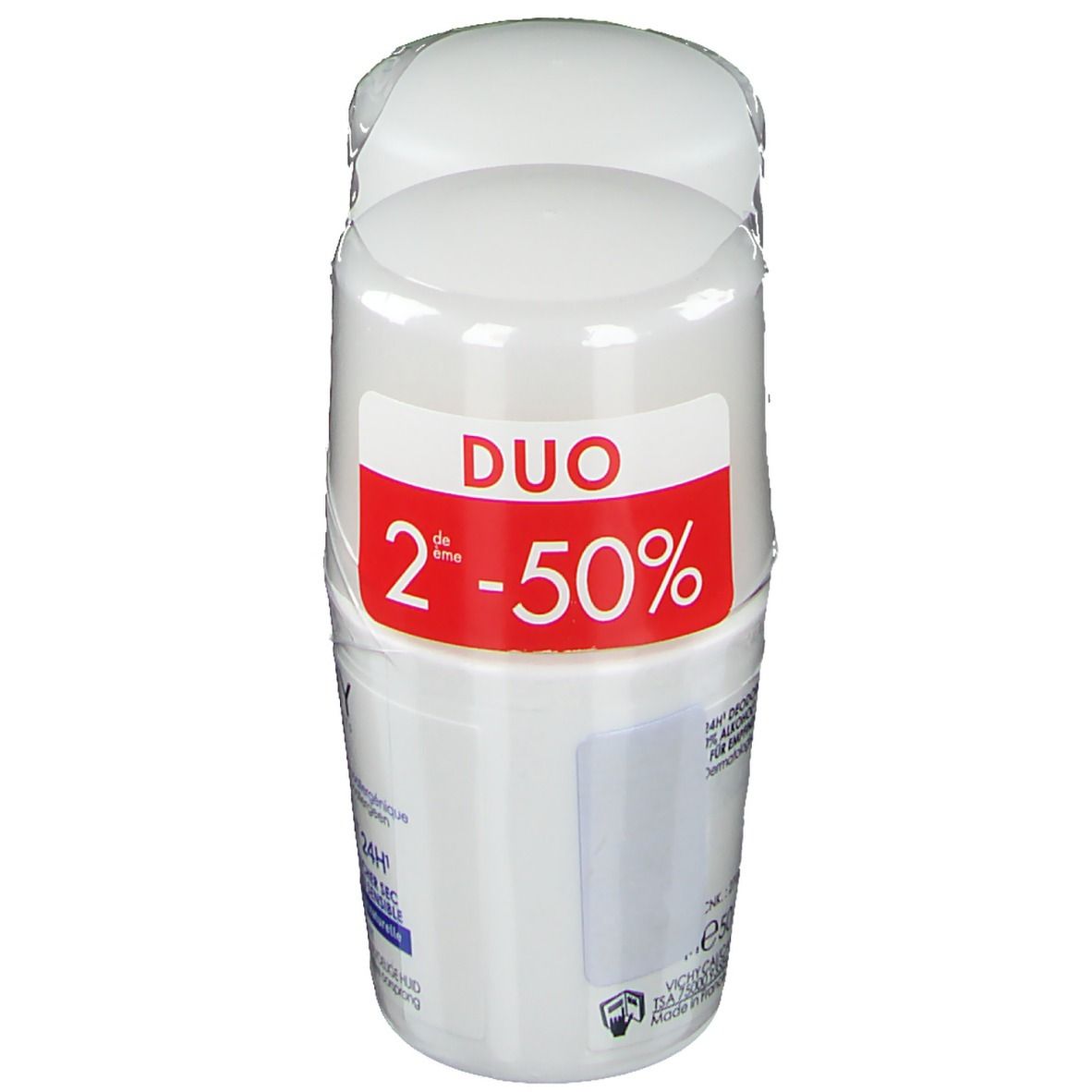 Due roll-on confezionati. Adesivo rosso con offerta Duo: 2 a metà prezzo. Marchio VICHY. Roll-on bianchi.