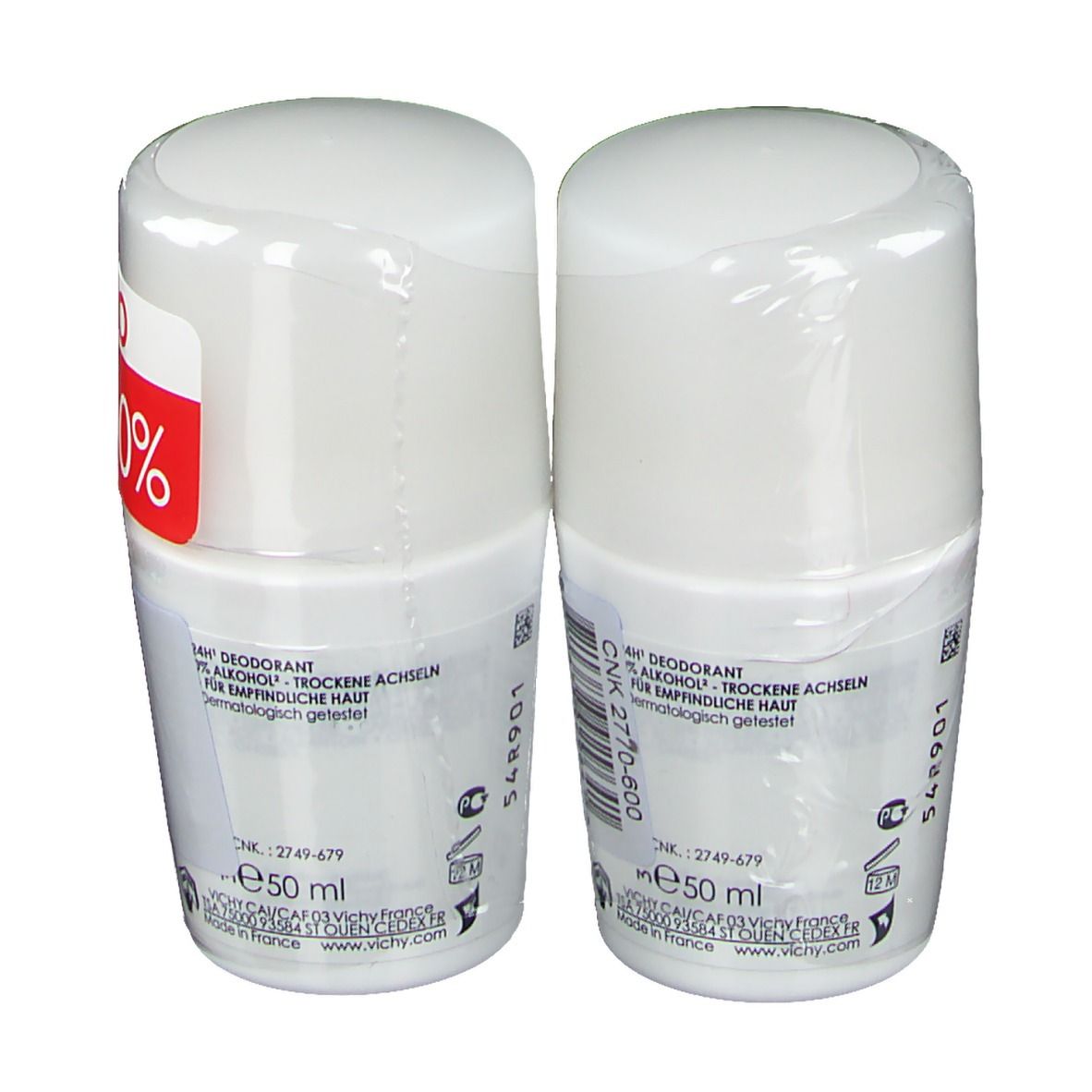 Due roll-on bianchi confezionati. Marchio VICHY. Scritta: 0% alcool, 24H. Formato: 50 ml. Per pelli sensibili.