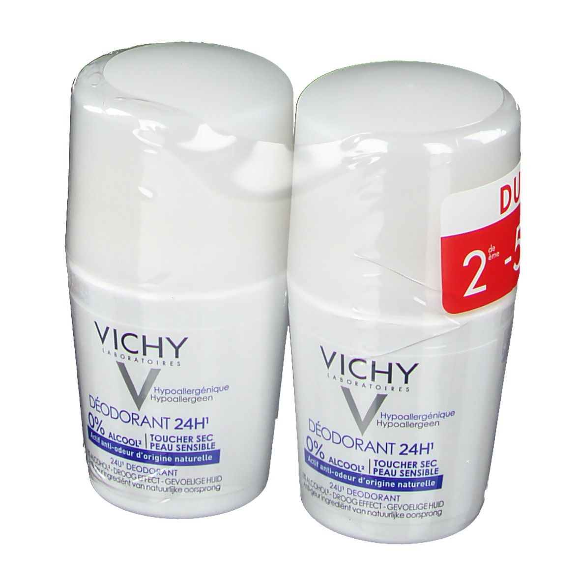 Due roll-on bianchi confezionati. Marchio VICHY. Scritta: 0% alcool, 24H. Confezione Duo con adesivo rosso.