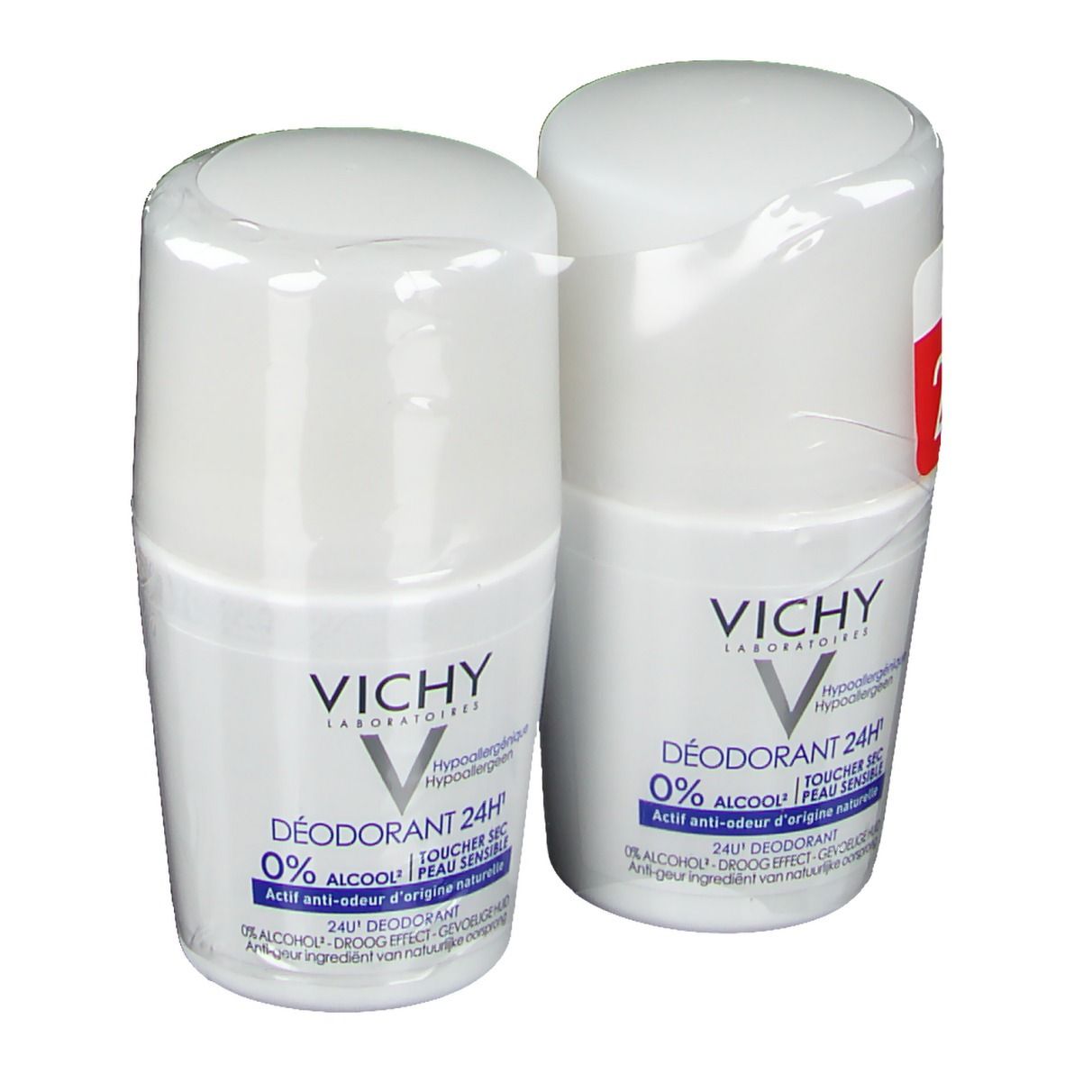 Due roll-on bianchi confezionati. Marchio VICHY. Scritta: 0% alcool, 24H. Per pelli sensibili.