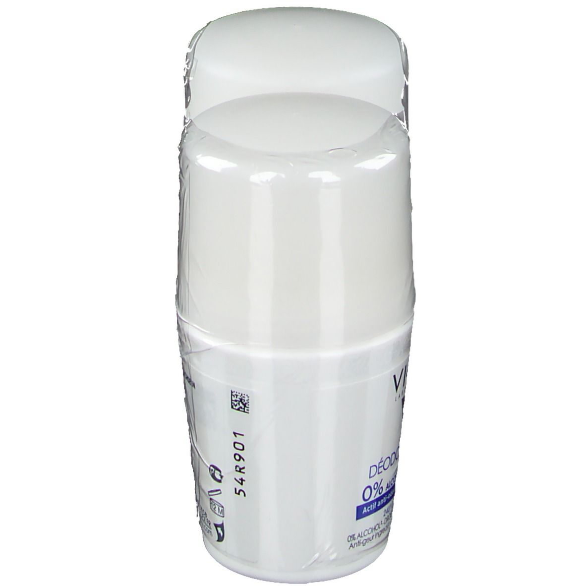 Due roll-on bianchi confezionati. Marchio VICHY. Scritta: 0% alcool, 24H. Retro con informazioni sul prodotto.