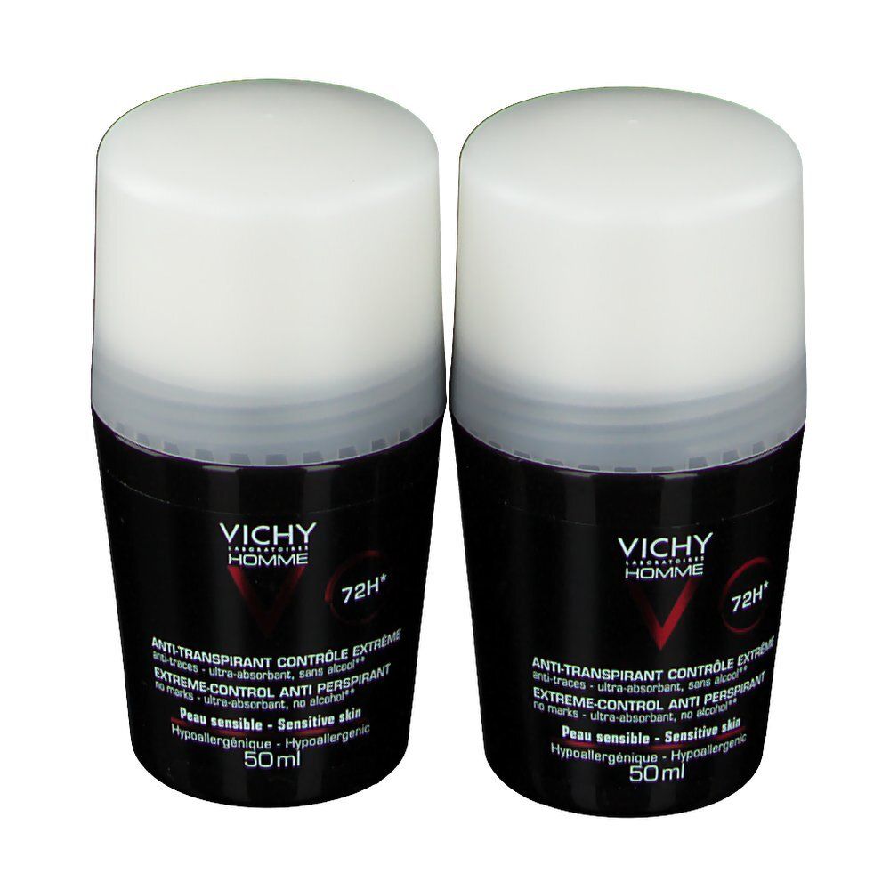 Due deodoranti roll-on con tappi bianchi e flaconi neri. Scritta: VICHY HOMME, 72H, Anti-traspirante.