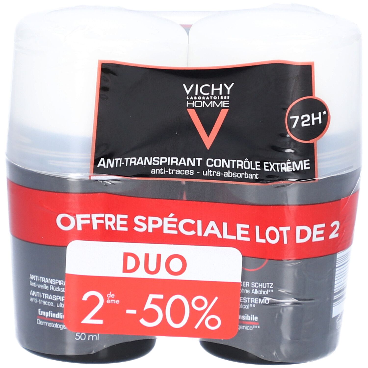 Confezione doppia di deodoranti roll-on. Imballaggio nero e bianco. Testo: Duo, 2° prodotto -50%. Logo Vichy Homme.