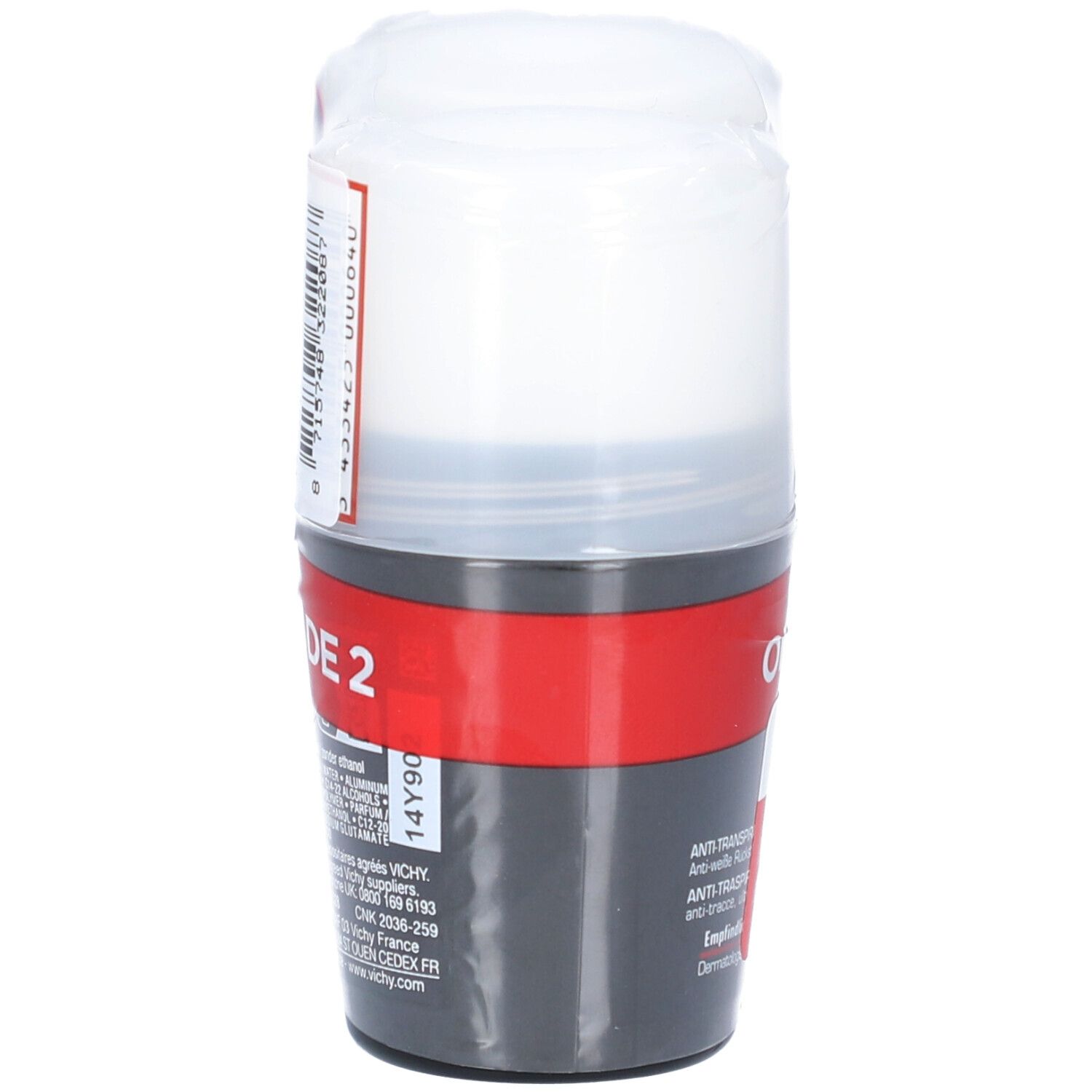 Roll-on deodorante nella confezione. Contenitore nero con roll-on bianco. Striscia rossa. Testo: Duo. Adesivo informativo.