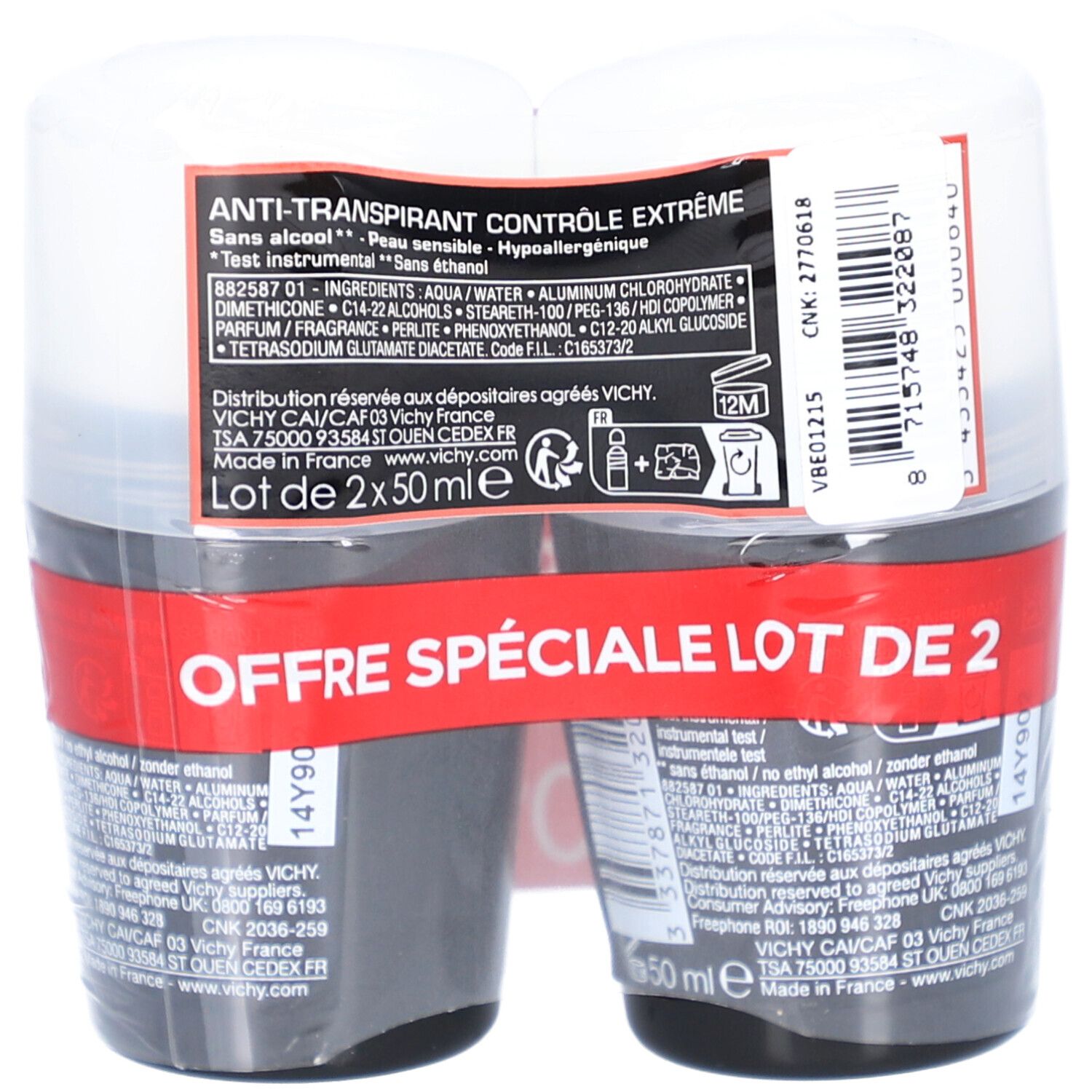 Confezione doppia di deodoranti roll-on. Retro della confezione. Testo: Anti-traspirante, ingredienti, 2x50ml. Logo Vichy. Informazioni.