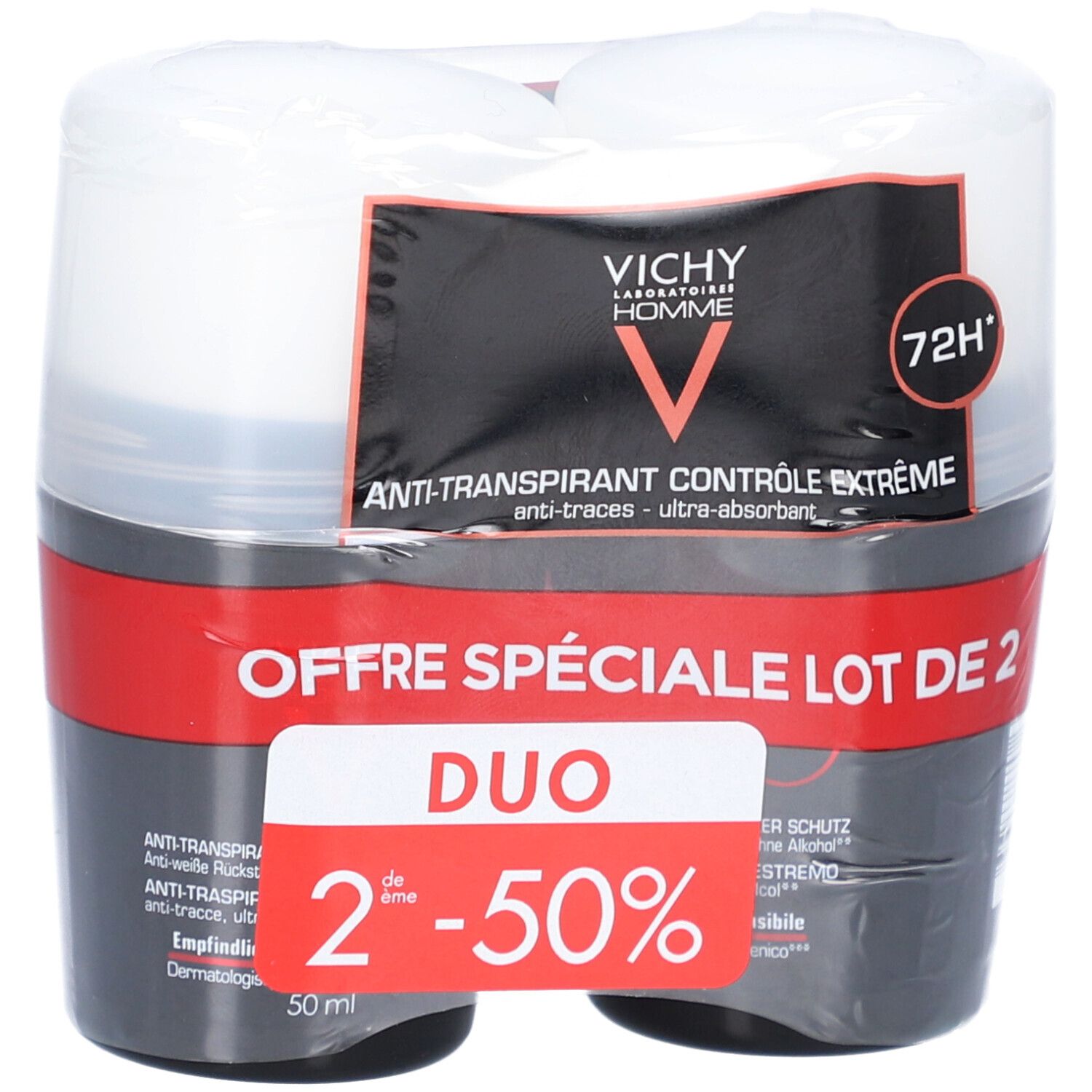 Confezione doppia di deodoranti roll-on. Imballaggio nero e bianco. Testo: Duo, 2° prodotto -50%. Logo Vichy Homme.