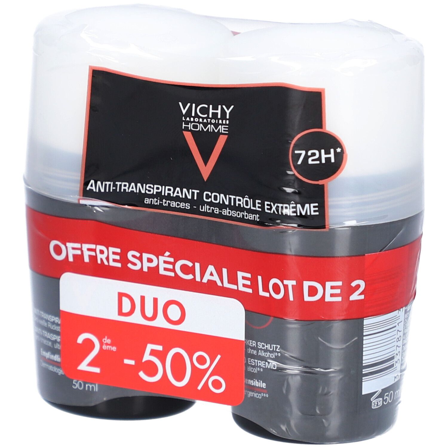 Confezione doppia di deodoranti roll-on. Imballaggio nero e bianco. Testo: Duo, 2° prodotto -50%. Logo Vichy Homme.