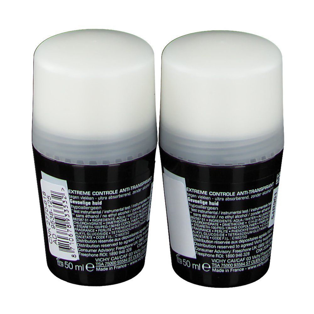 Due deodoranti roll-on con tappi bianchi e flaconi neri. Scritta: VICHY HOMME, 72H, Anti-traspirante. Retro con testo.