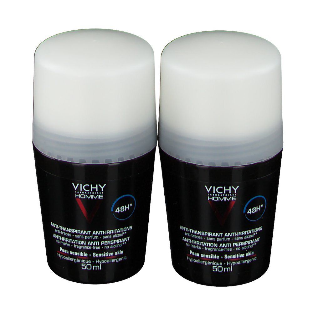 Due deodoranti roll-on. Contenitori neri con coperchi bianchi. Logo Vichy Homme e informazioni sul prodotto.