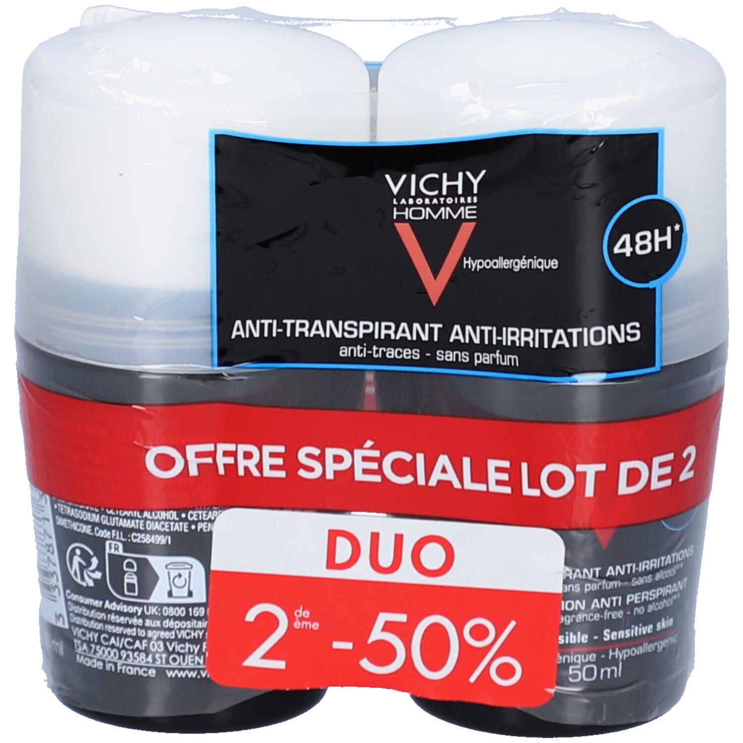 Confezione da due deodoranti roll-on. Contenitori neri, coperchi bianchi. Logo Vichy Homme e informazioni sul prodotto.