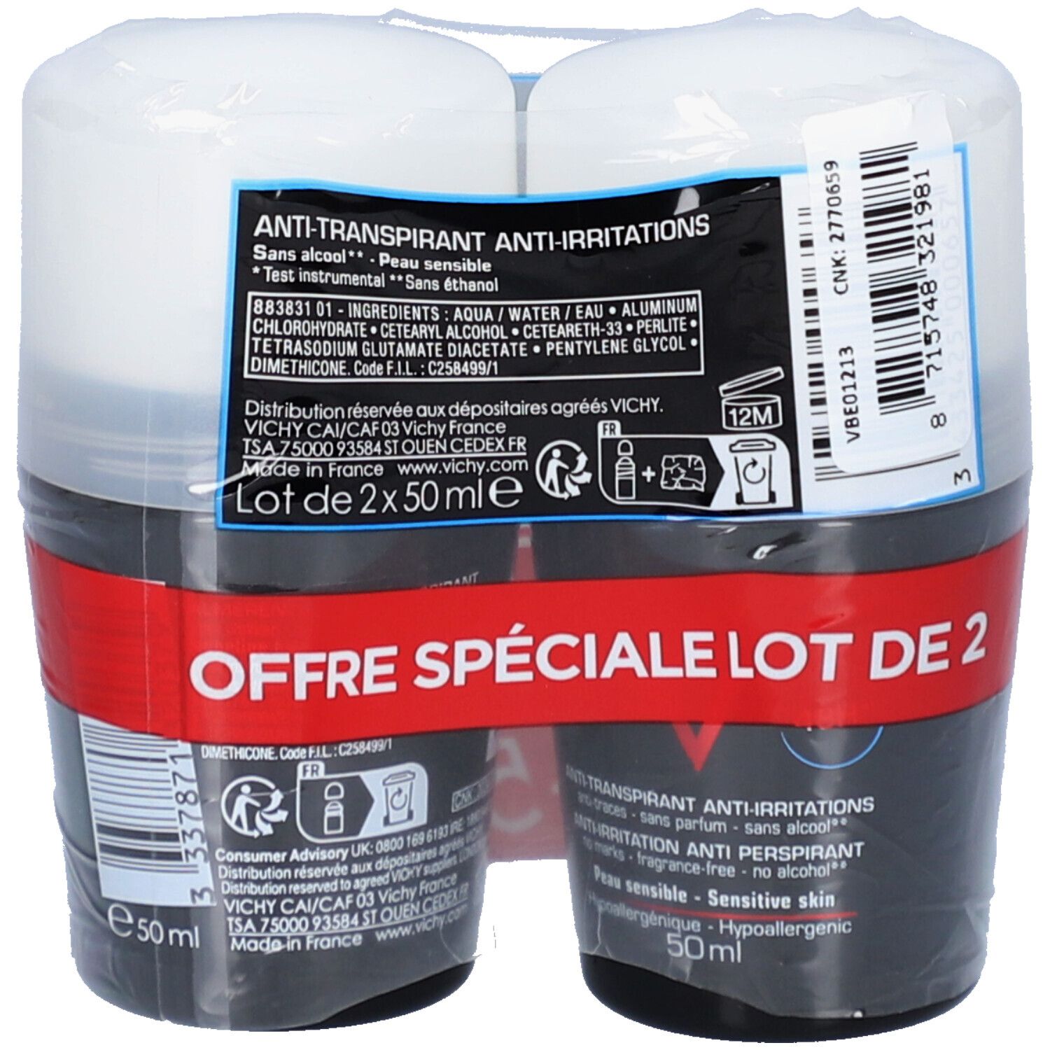 Confezione da due deodoranti roll-on in pellicola. Contenitori neri, coperchi bianchi. Informazioni sul prodotto.