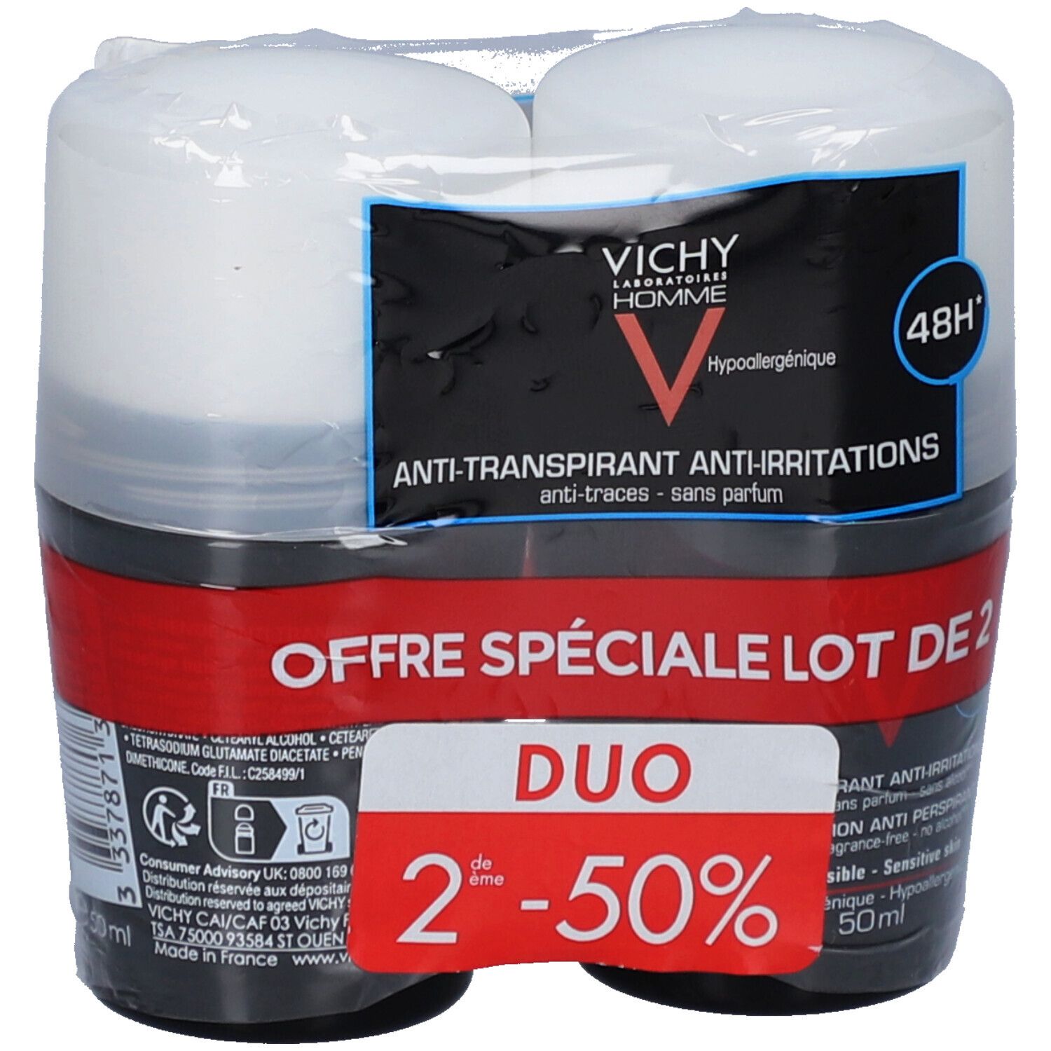 Confezione da due deodoranti roll-on in pellicola. Contenitori neri, coperchi bianchi. Logo Vichy Homme.