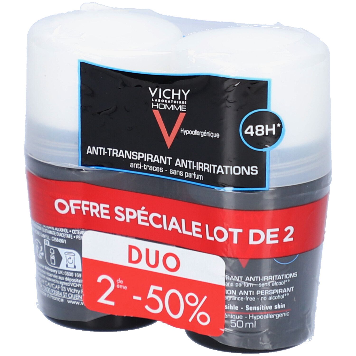Confezione da due deodoranti roll-on in pellicola. Contenitori neri, coperchi bianchi. Logo Vichy Homme.