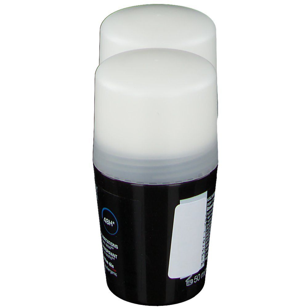 Deodorante roll-on, contenitore nero, coperchio bianco. Logo Vichy Homme e informazioni sul prodotto. Retro con testo.