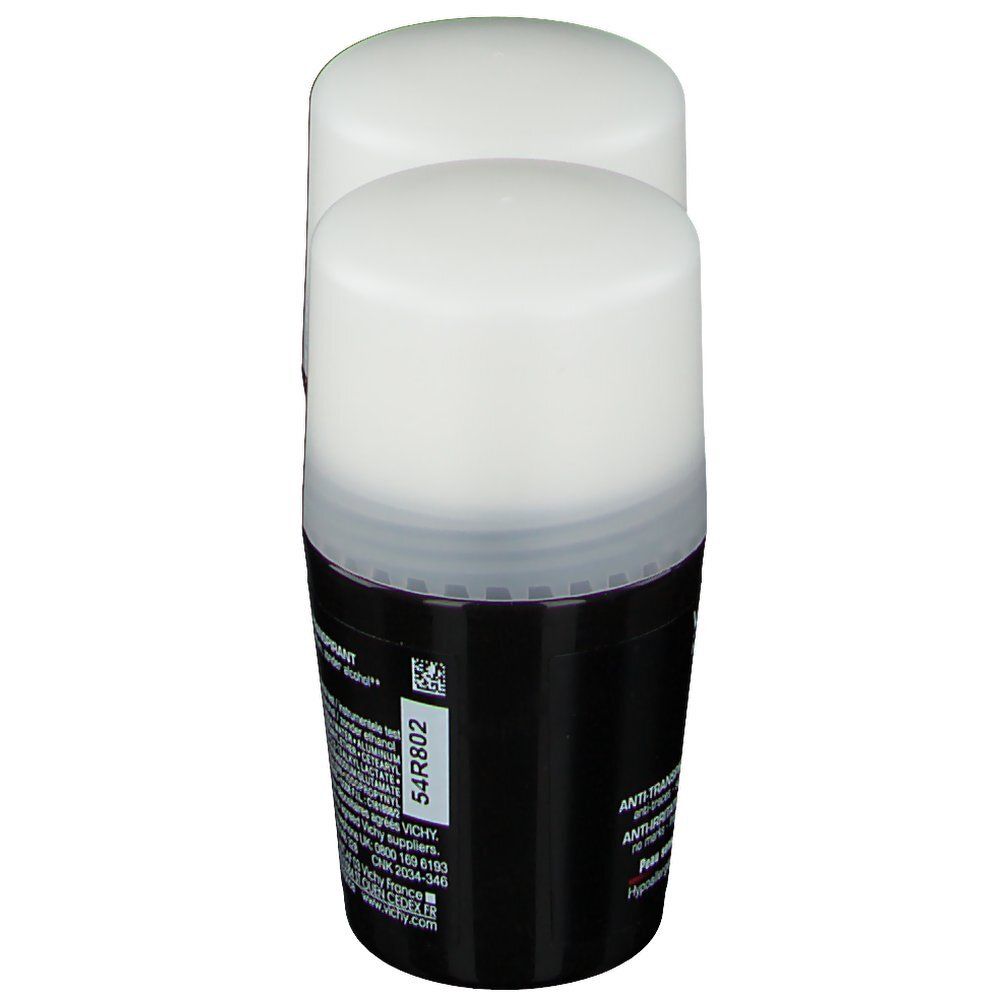 Deodorante roll-on, contenitore nero, coperchio bianco. Retro con testo e informazioni sul prodotto.