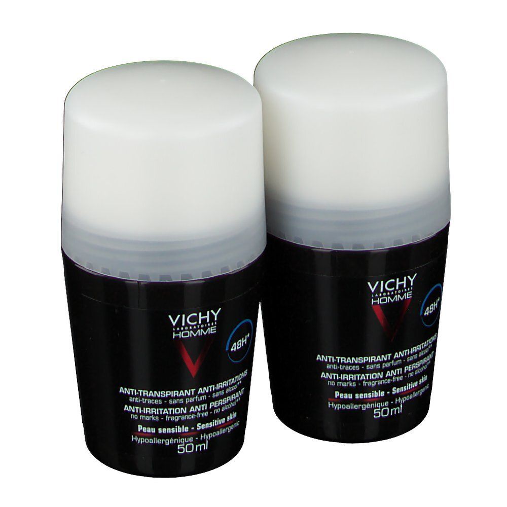Due deodoranti roll-on. Contenitori neri con coperchi bianchi. Logo Vichy Homme e informazioni sul prodotto.