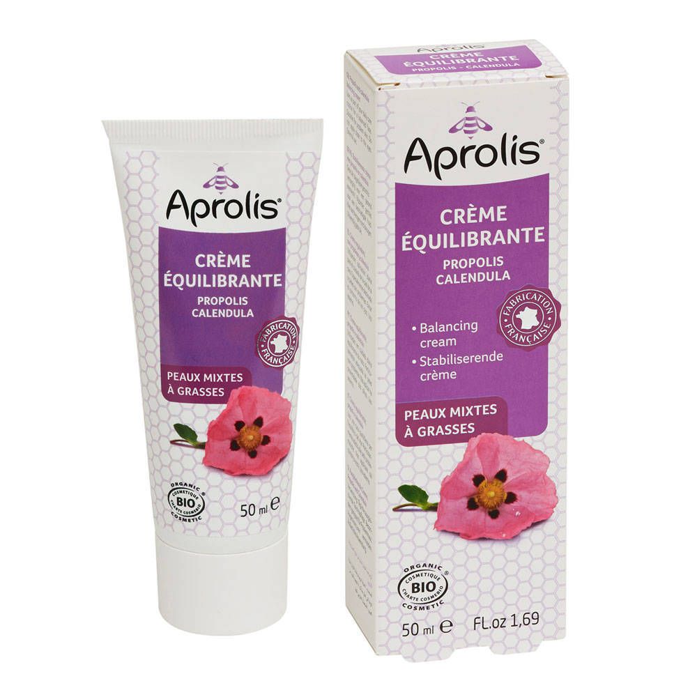 Tubo e scatola di crema. Scritta: Aprolis Crème équilibrante. Con fiore e certificazione bio. Fabbricazione francese.