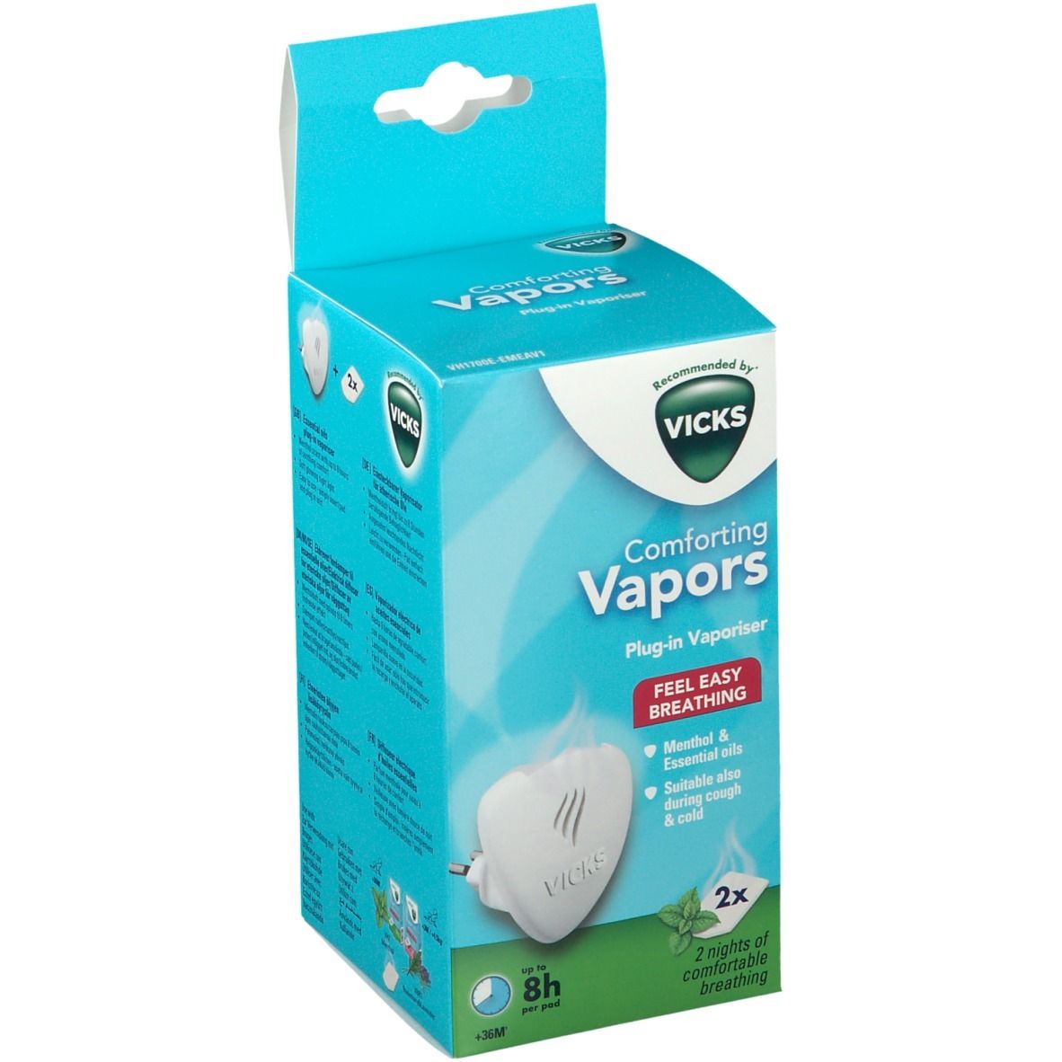 Confezione di Vicks Comforting Vapors. Scritta: Comforting Vapors, Plug-in Vaporiser, Mentolo e oli essenziali. 2 pezzi.