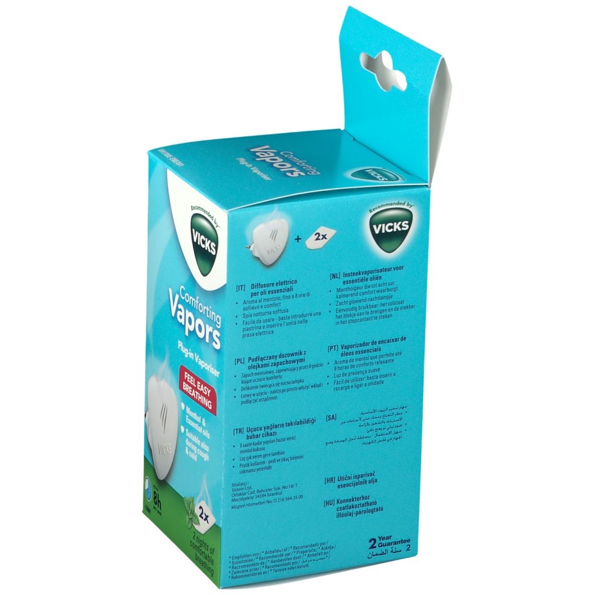 Retro della confezione Vicks Comforting Vapors. Descrizioni multilingue. Logo Vicks. 2 pezzi.