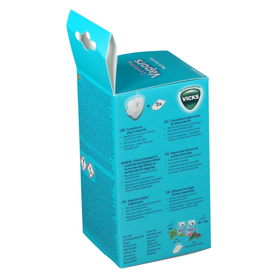 Retro della confezione Vicks Comforting Vapors. Descrizioni multilingue. Logo Vicks. Pittogrammi.
