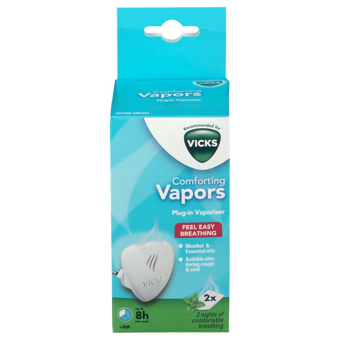 Confezione Vicks Comforting Vapors. Scritta: Comforting Vapors, Plug-in Vaporiser, Mentolo e oli essenziali. 2 pezzi. 8h.