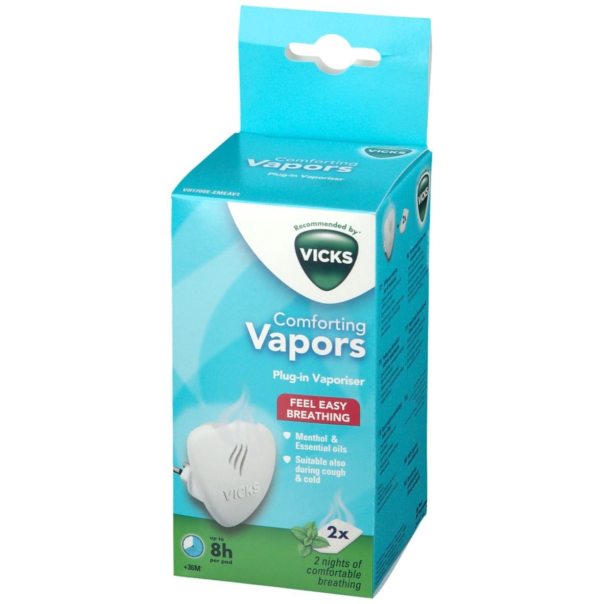 Confezione Vicks Comforting Vapors. Scritta: Comforting Vapors, Plug-in Vaporiser, Mentolo e oli essenziali. 2 pezzi. 8h.