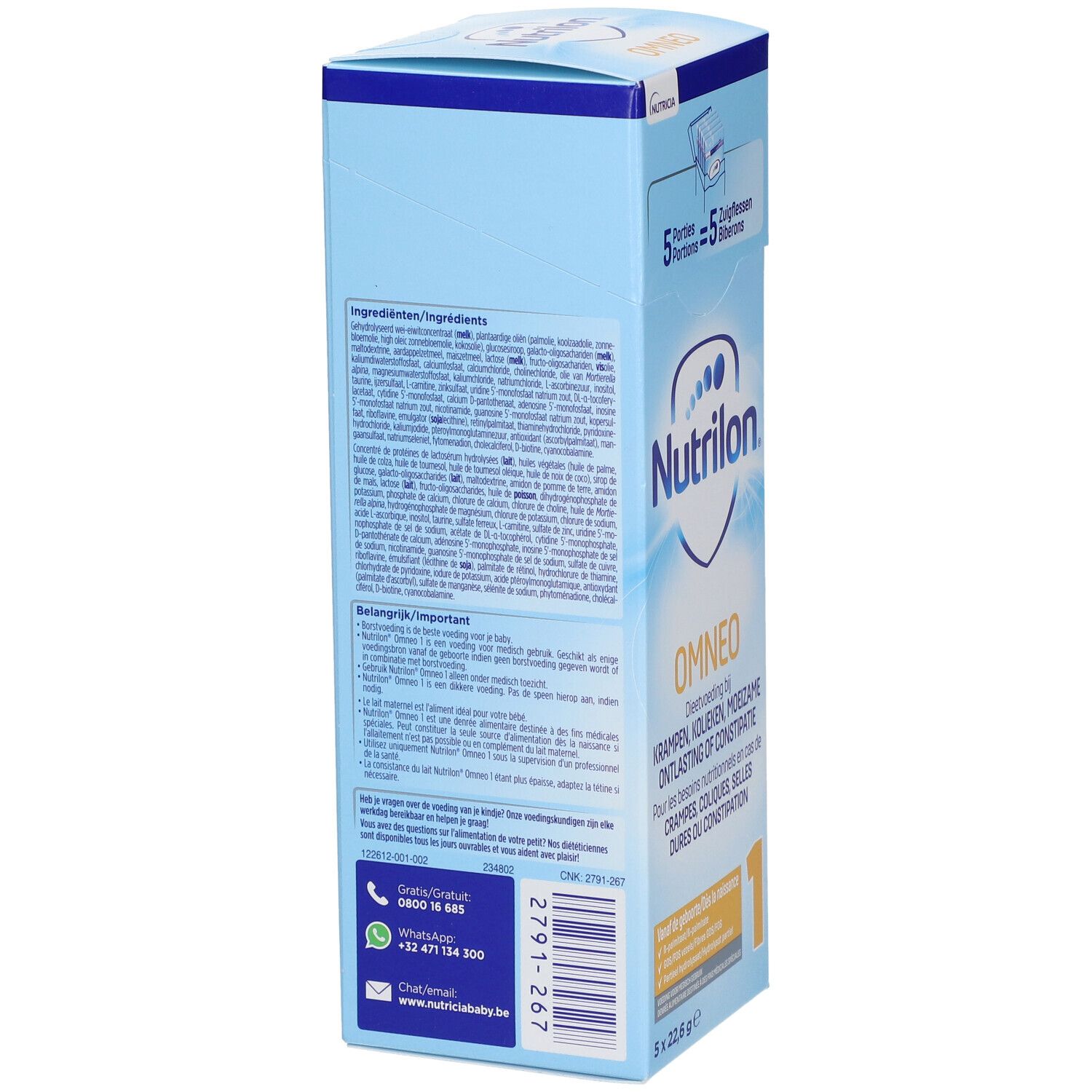 Retro confezione blu Nutrilon Omneo 1. Testo: Ingredienti, informazioni importanti, contatti e codice QR.