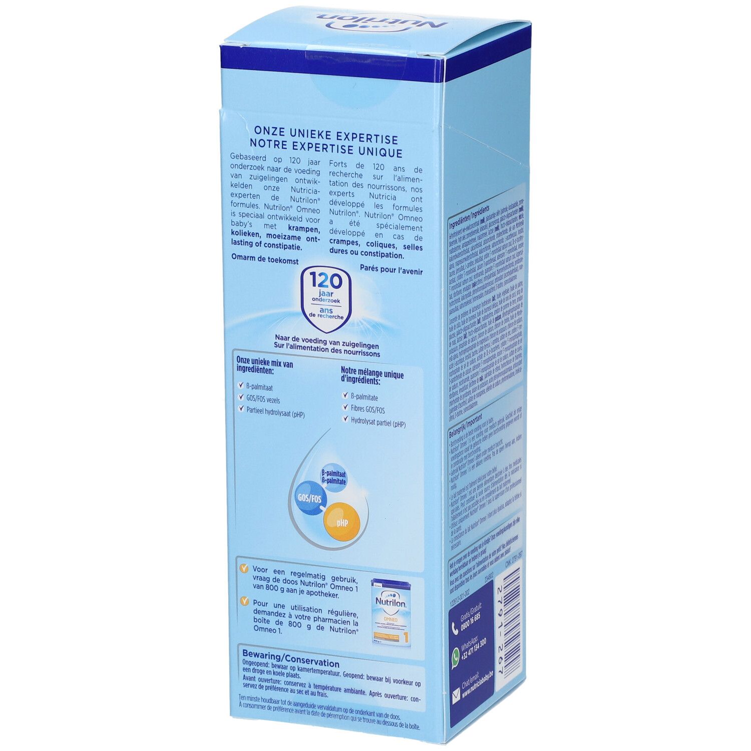 Lato confezione blu Nutrilon Omneo 1. Testo: La nostra esperienza unica, 120 anni di esperienza, ingredienti.