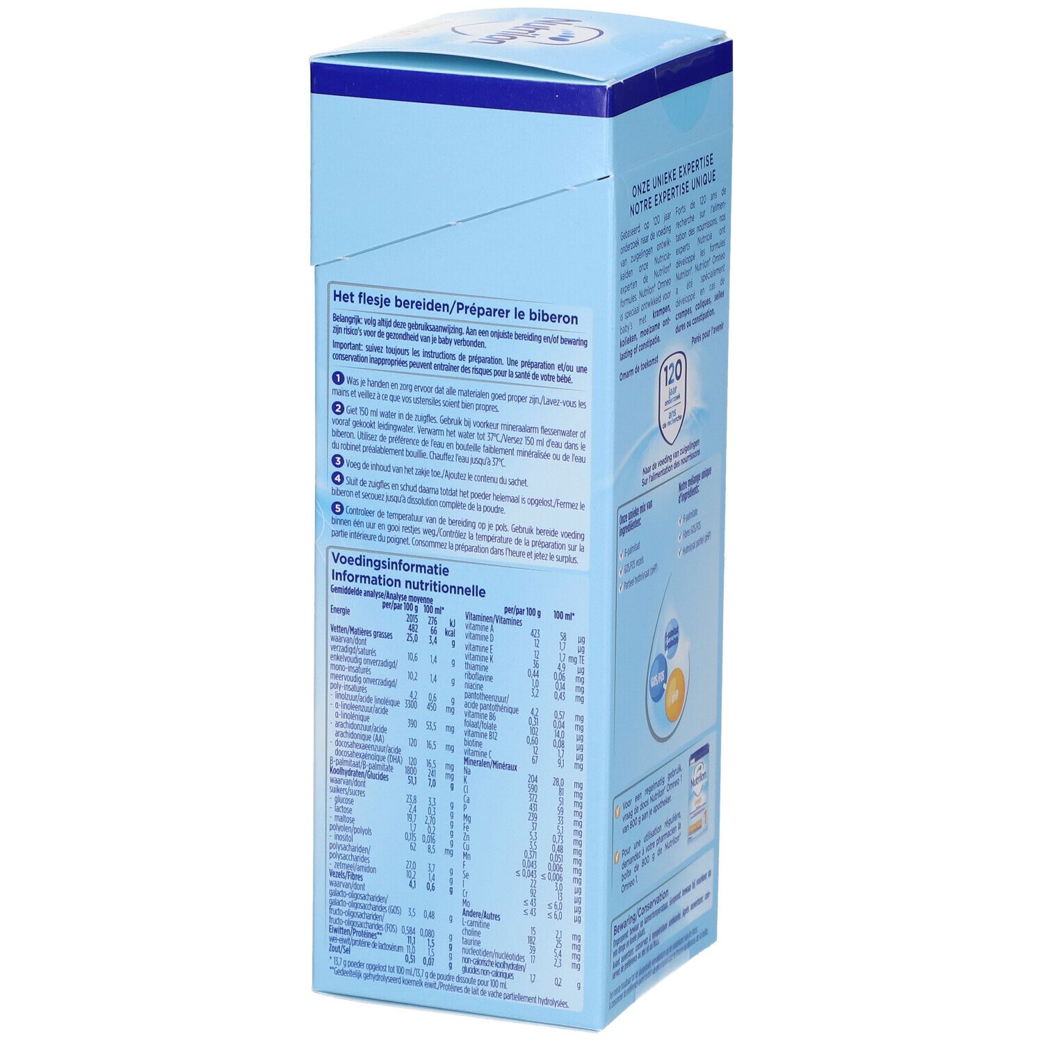 Lato confezione blu Nutrilon Omneo 1. Testo: Preparazione, informazioni nutrizionali, conservazione.