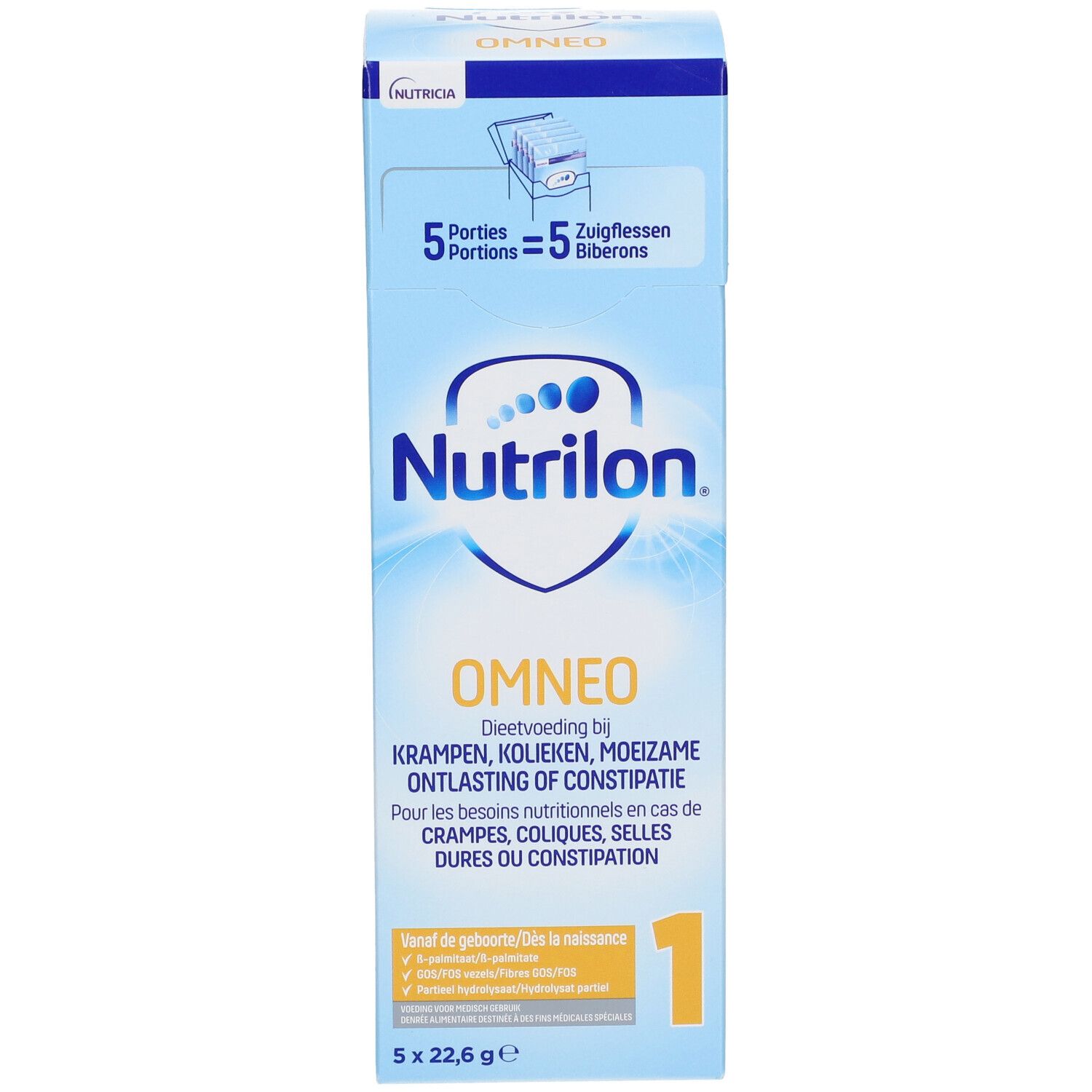 Confezione blu Nutrilon Omneo 1. Testo: 5 porzioni, Omneo, 1. Per crampi, coliche, stipsi. Dalla nascita.