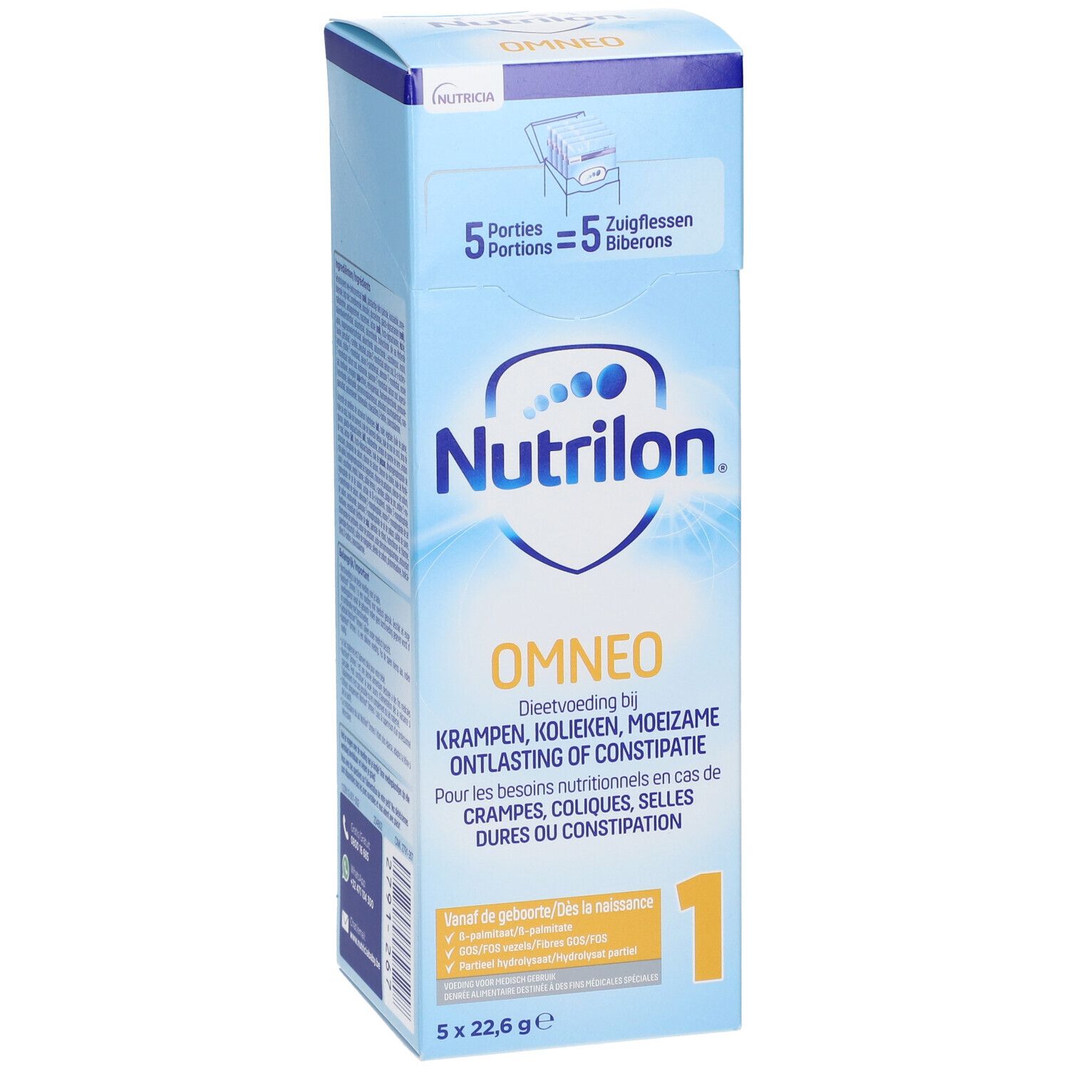 Confezione blu Nutrilon Omneo 1. Testo: 5 porzioni, Omneo, 1. Per crampi, coliche, stipsi. Dalla nascita.