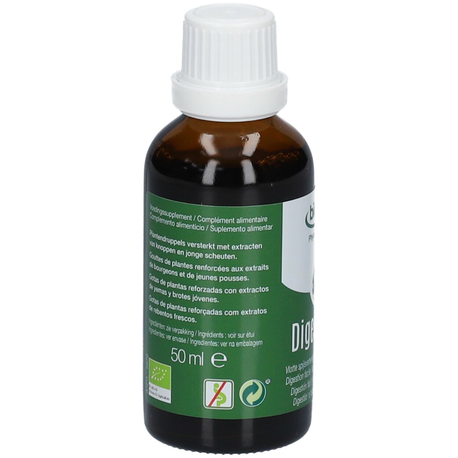 Retro del flacone di vetro marrone. Etichetta verde con testo multilingue. 50 ml. Certificazione bio.