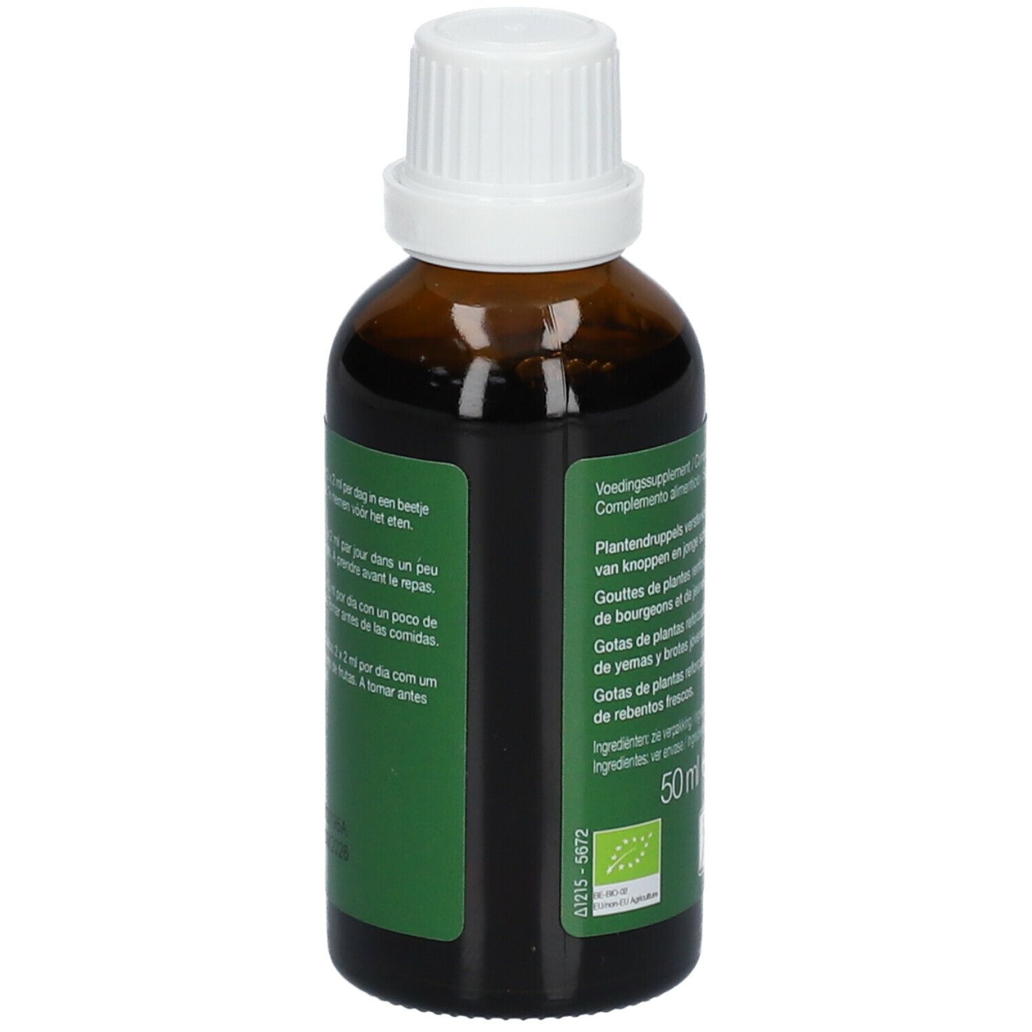 Retro del flacone di vetro marrone. Etichetta verde con testo multilingue. 50 ml.