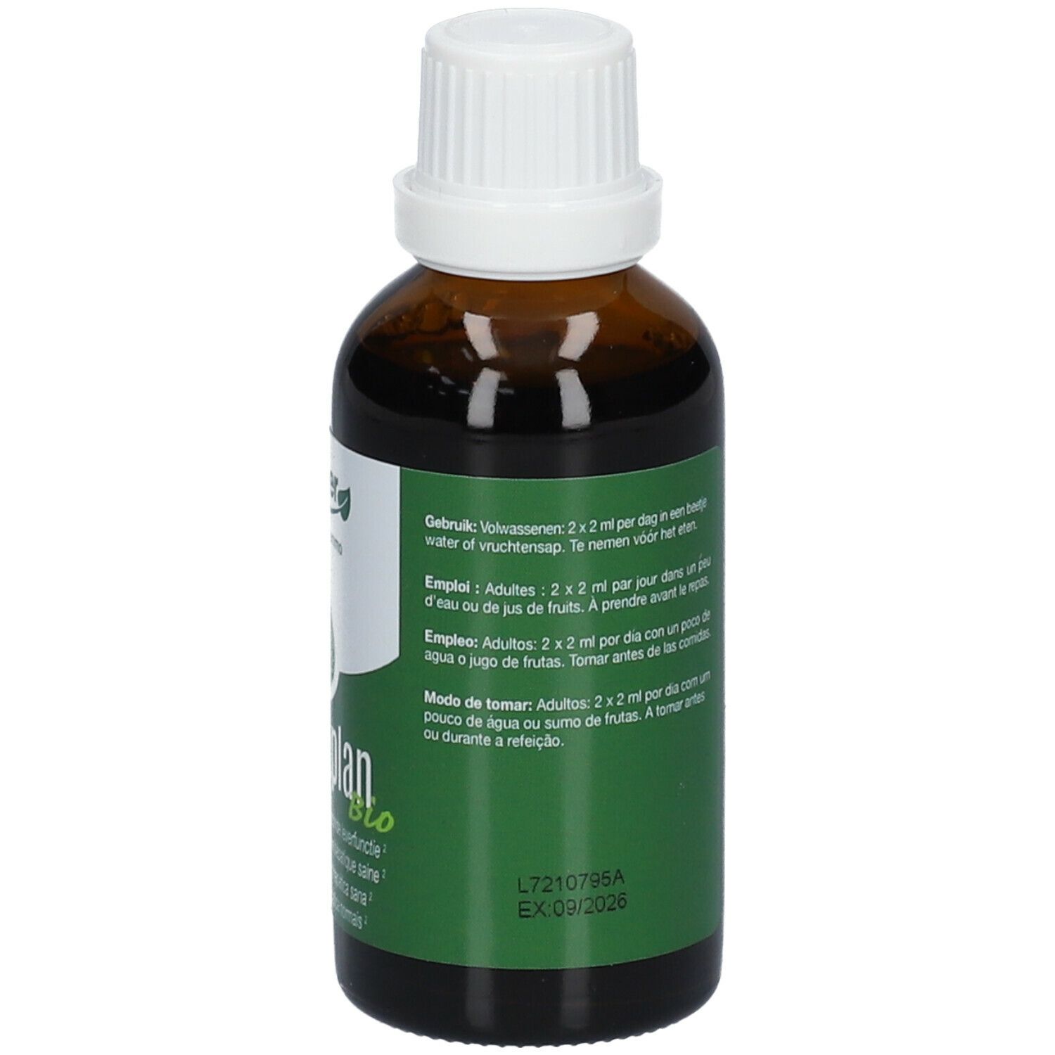 Retro del flacone di vetro marrone. Etichetta verde con testo multilingue. Istruzioni per il dosaggio. Scadenza.