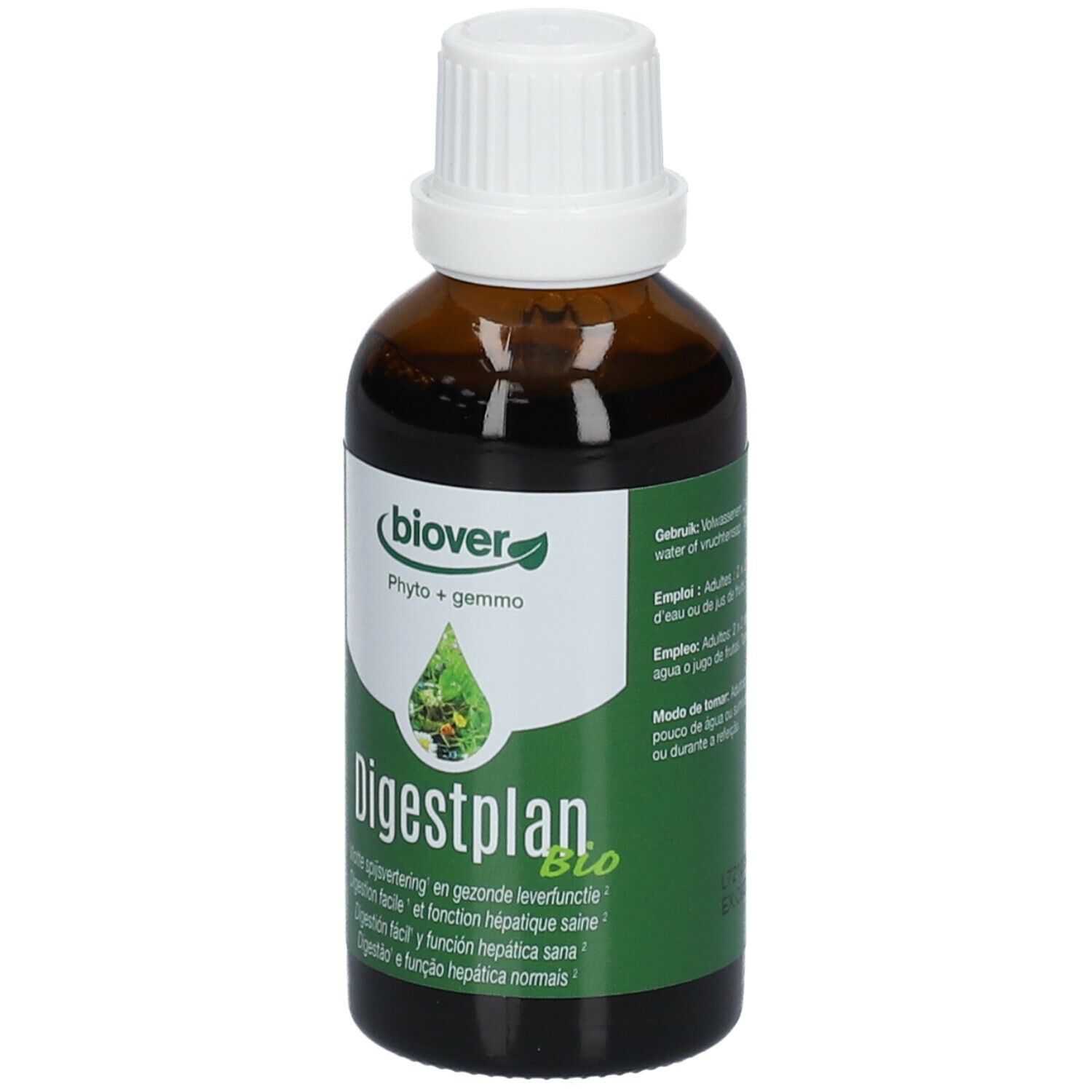 Flacone di vetro marrone con tappo bianco. Etichetta verde con nome del prodotto e logo. Biover Digestplan.