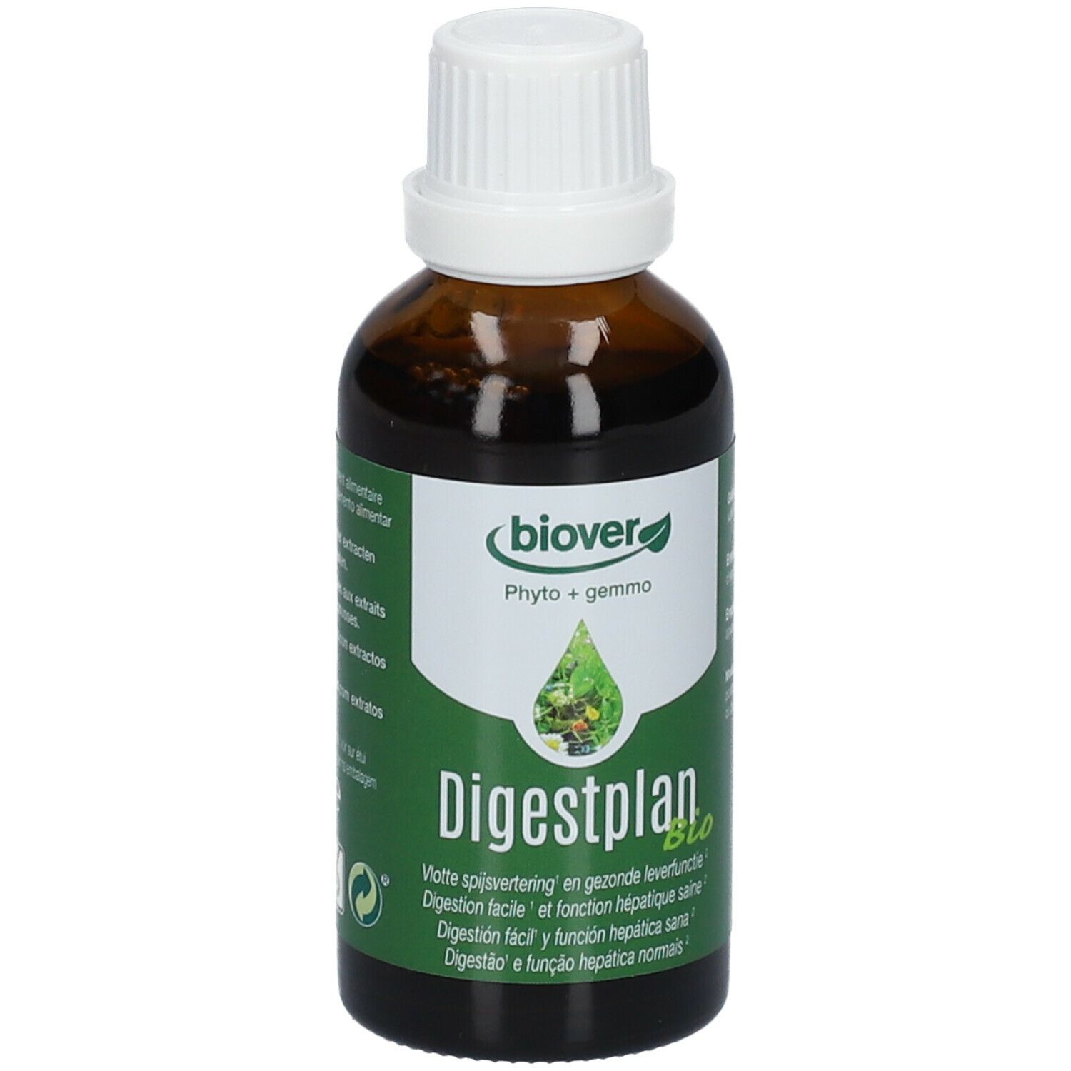 Flacone di vetro marrone con tappo bianco. Etichetta verde con nome del prodotto e logo. Biover Digestplan.