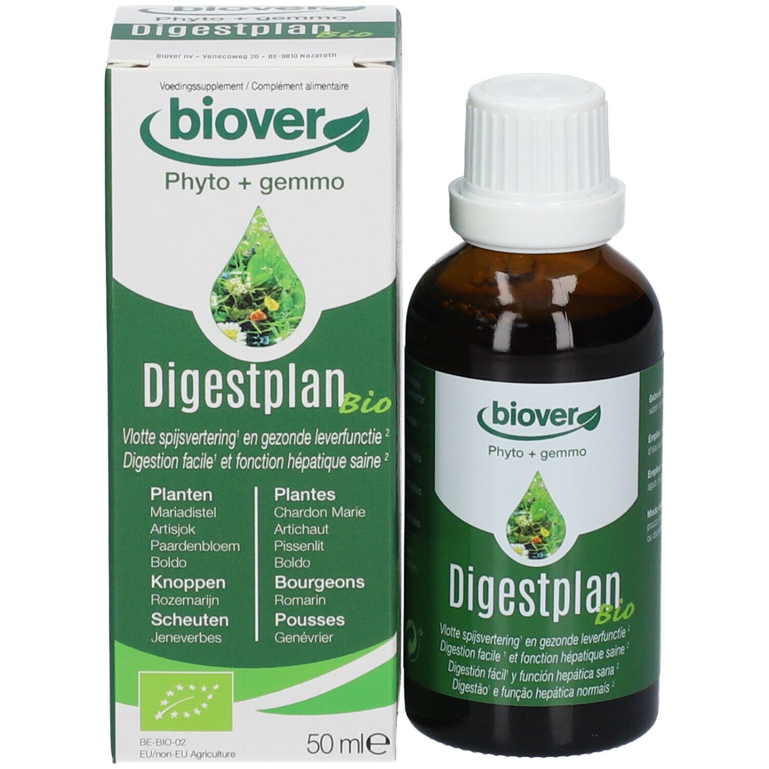 Confezione del prodotto e flacone. Scatola bianca con etichetta verde. Flacone marrone con tappo bianco. Biover Digestplan.