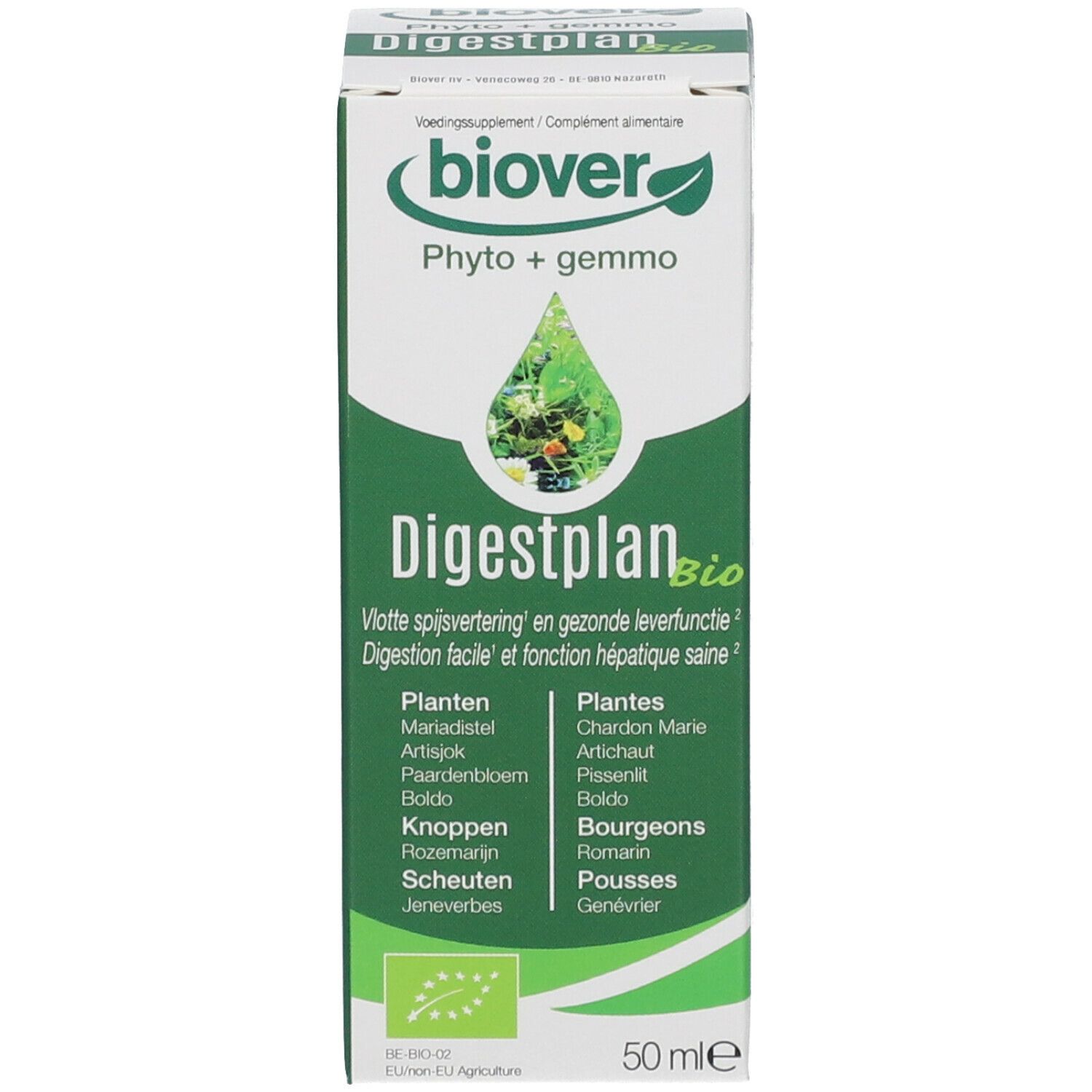 Confezione del prodotto. Scatola bianca con etichetta verde. Nome del prodotto e logo. Biover Digestplan. 50 ml.