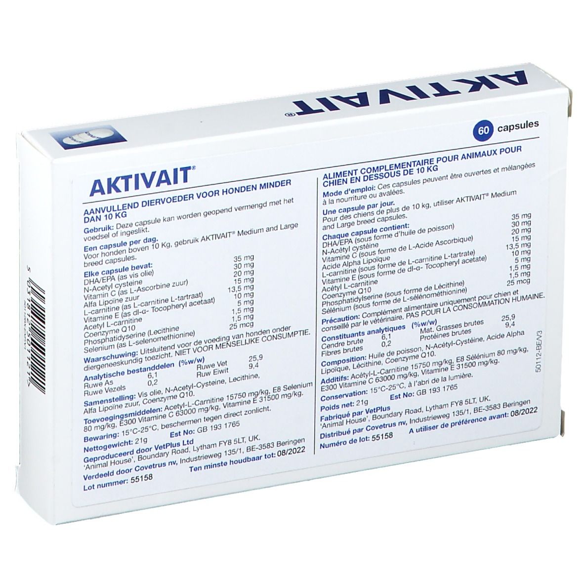 Confezione con scritta AKTIVAIT e informazioni sul contenuto. Contiene 60 capsule. Testo in olandese e francese.